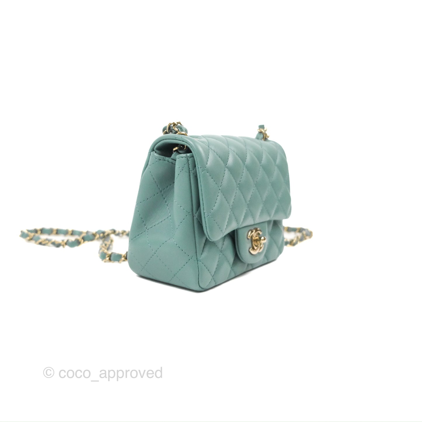 Chanel Quilted Mini Square Flap Light Teal Blue Lambskin Gold Hardware