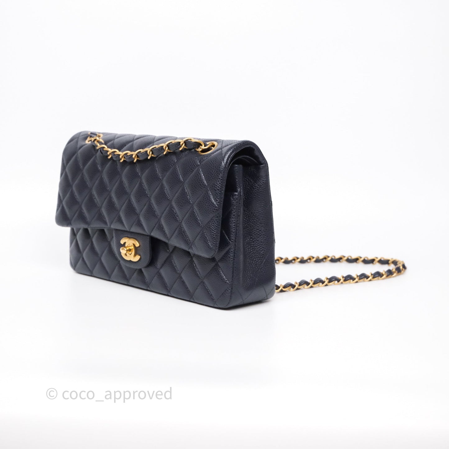 Chanel Classic M/L Medium Flap Quilted Navy Caviar Aged Gold Hardware