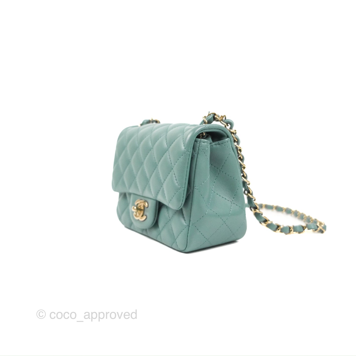 Chanel Quilted Mini Square Flap Light Teal Blue Lambskin Gold Hardware