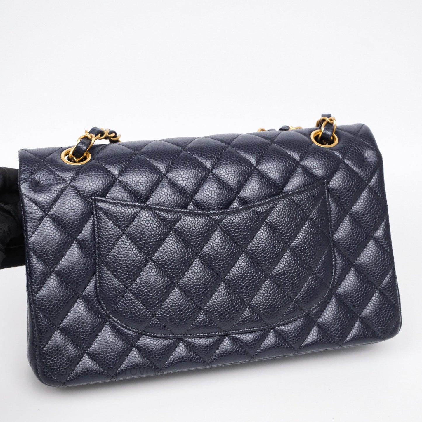 Chanel Classic M/L Medium Flap Quilted Navy Caviar Aged Gold Hardware