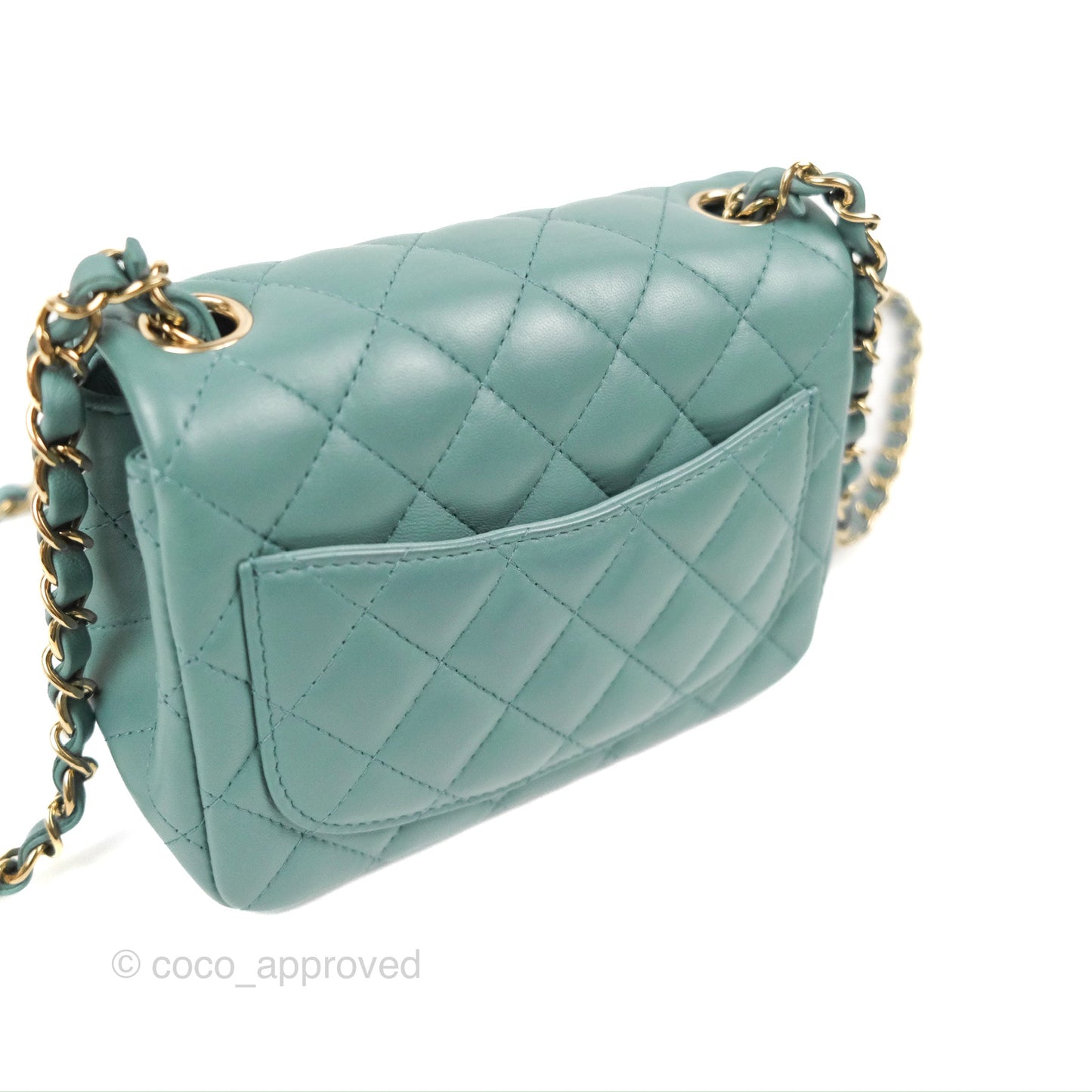 Chanel Quilted Mini Square Flap Light Teal Blue Lambskin Gold Hardware