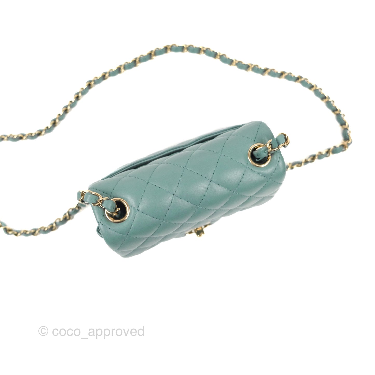 Chanel Quilted Mini Square Flap Light Teal Blue Lambskin Gold Hardware