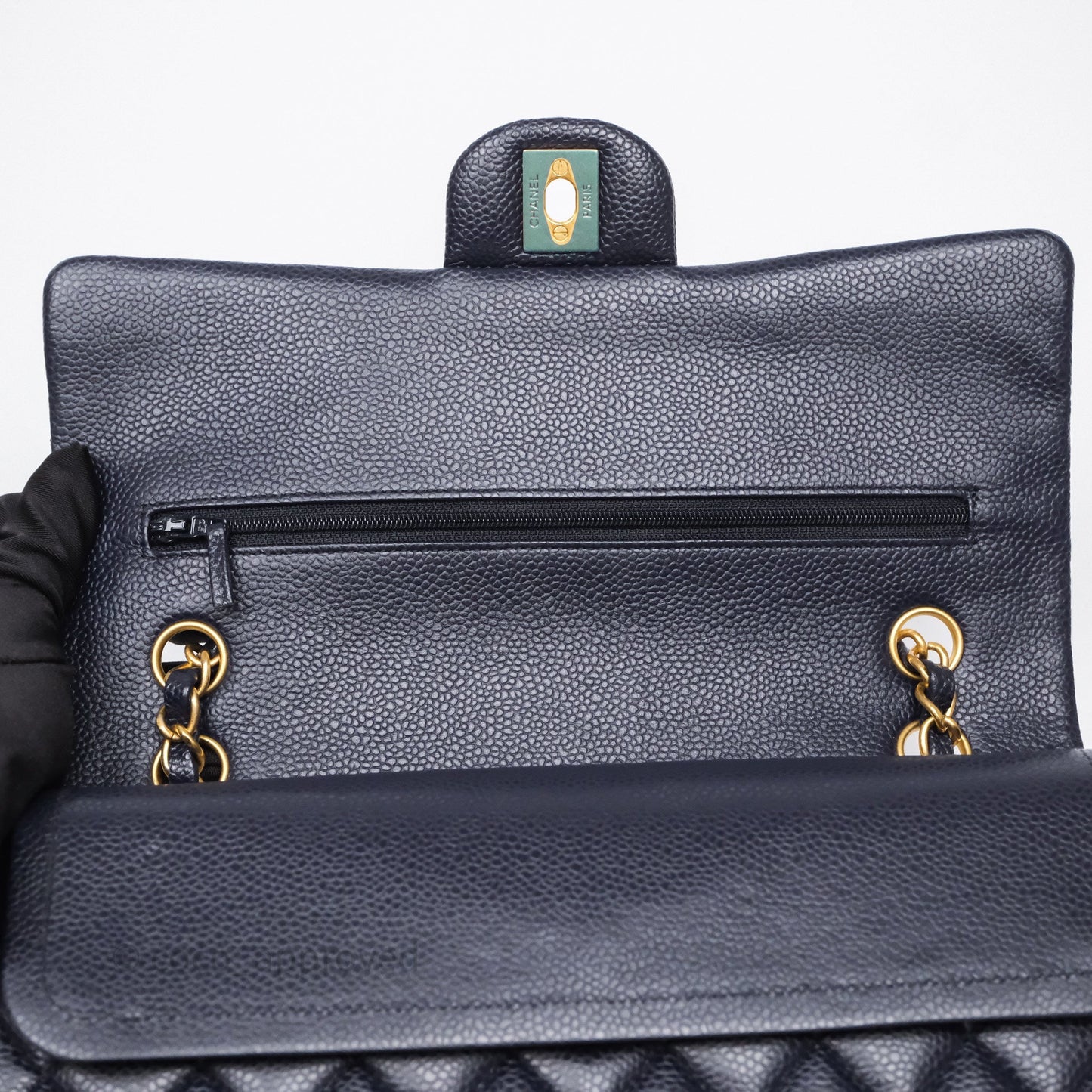 Chanel Classic M/L Medium Flap Quilted Navy Caviar Aged Gold Hardware
