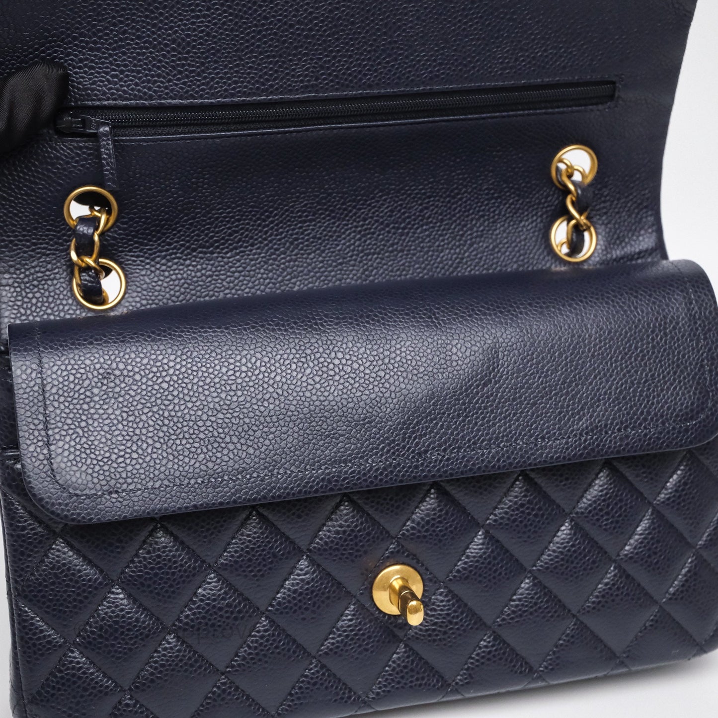 Chanel Classic M/L Medium Flap Quilted Navy Caviar Aged Gold Hardware