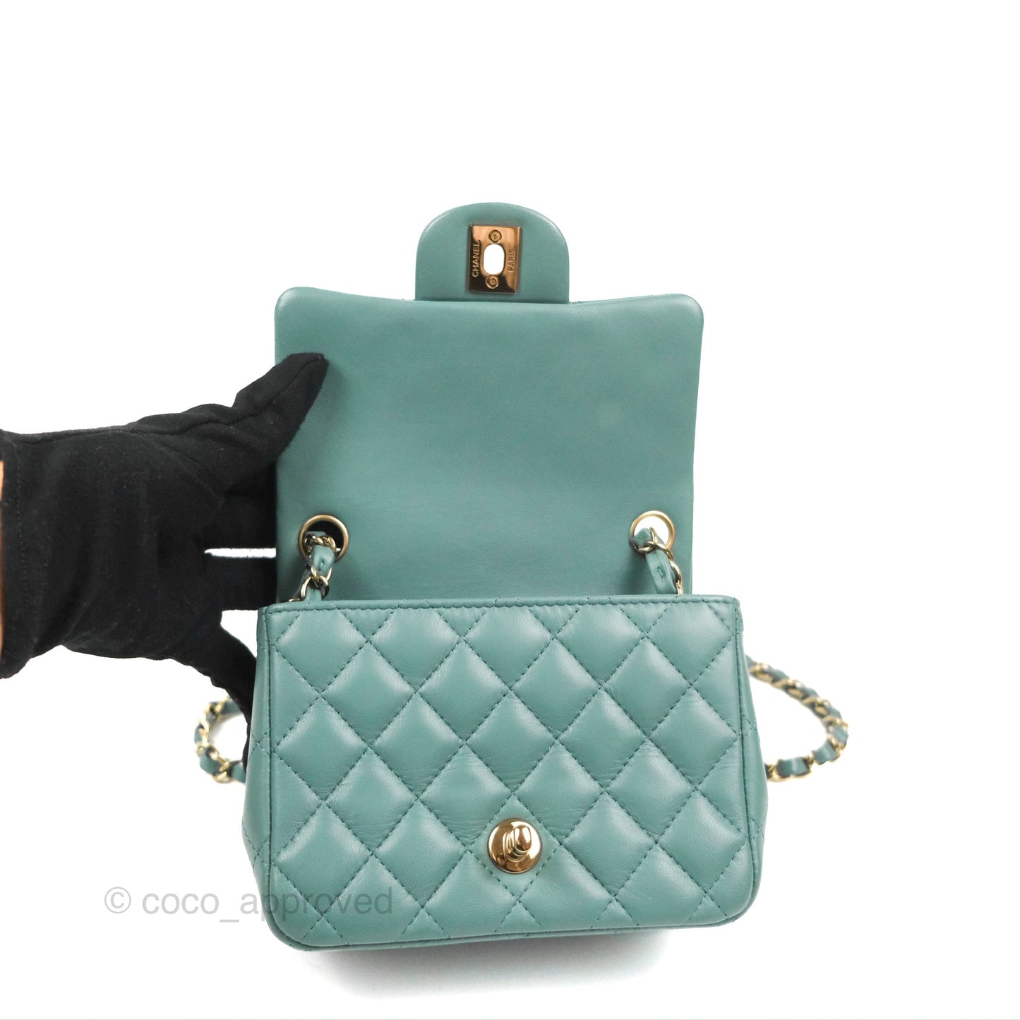 Chanel Quilted Mini Square Flap Light Teal Blue Lambskin Gold Hardware