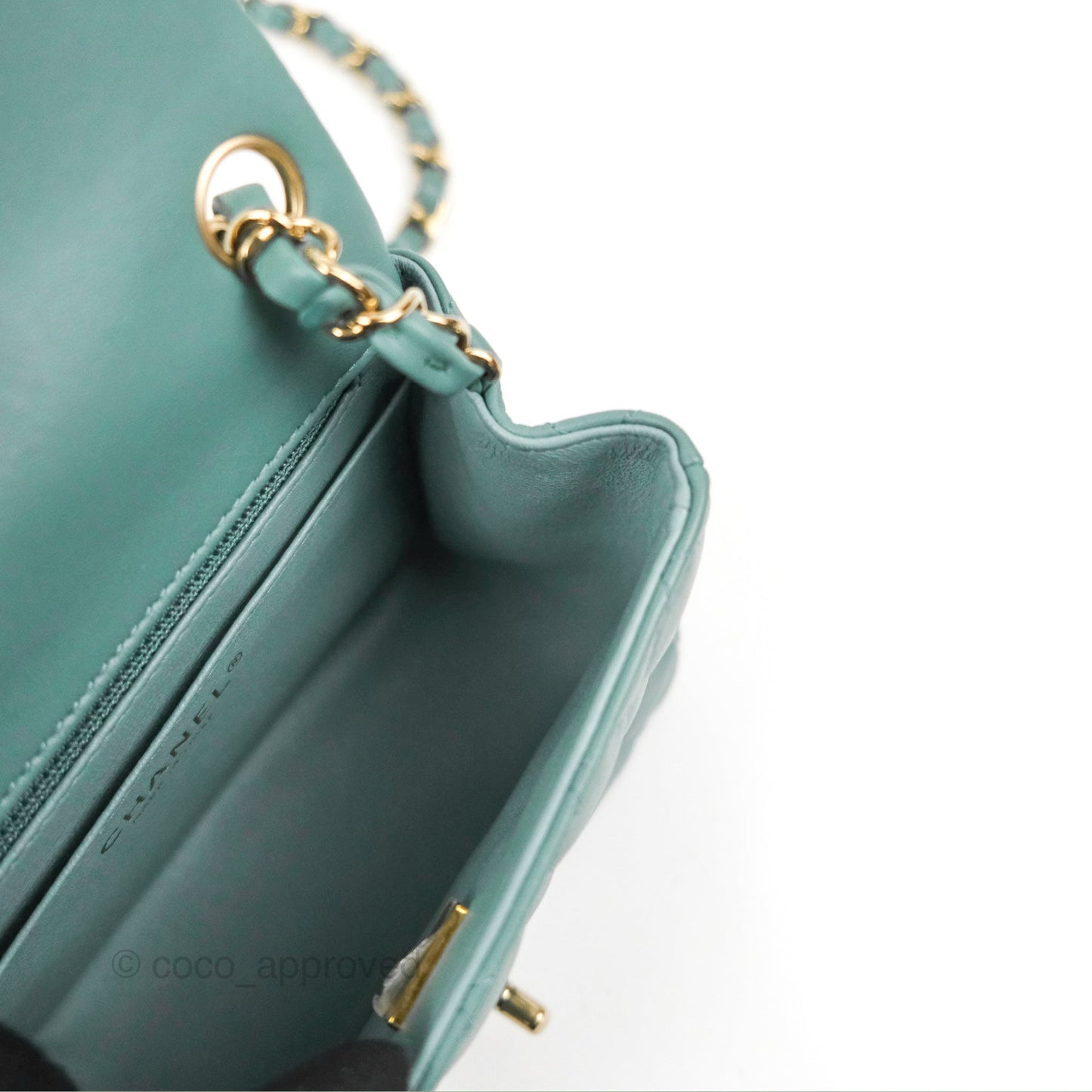 Chanel Quilted Mini Square Flap Light Teal Blue Lambskin Gold Hardware