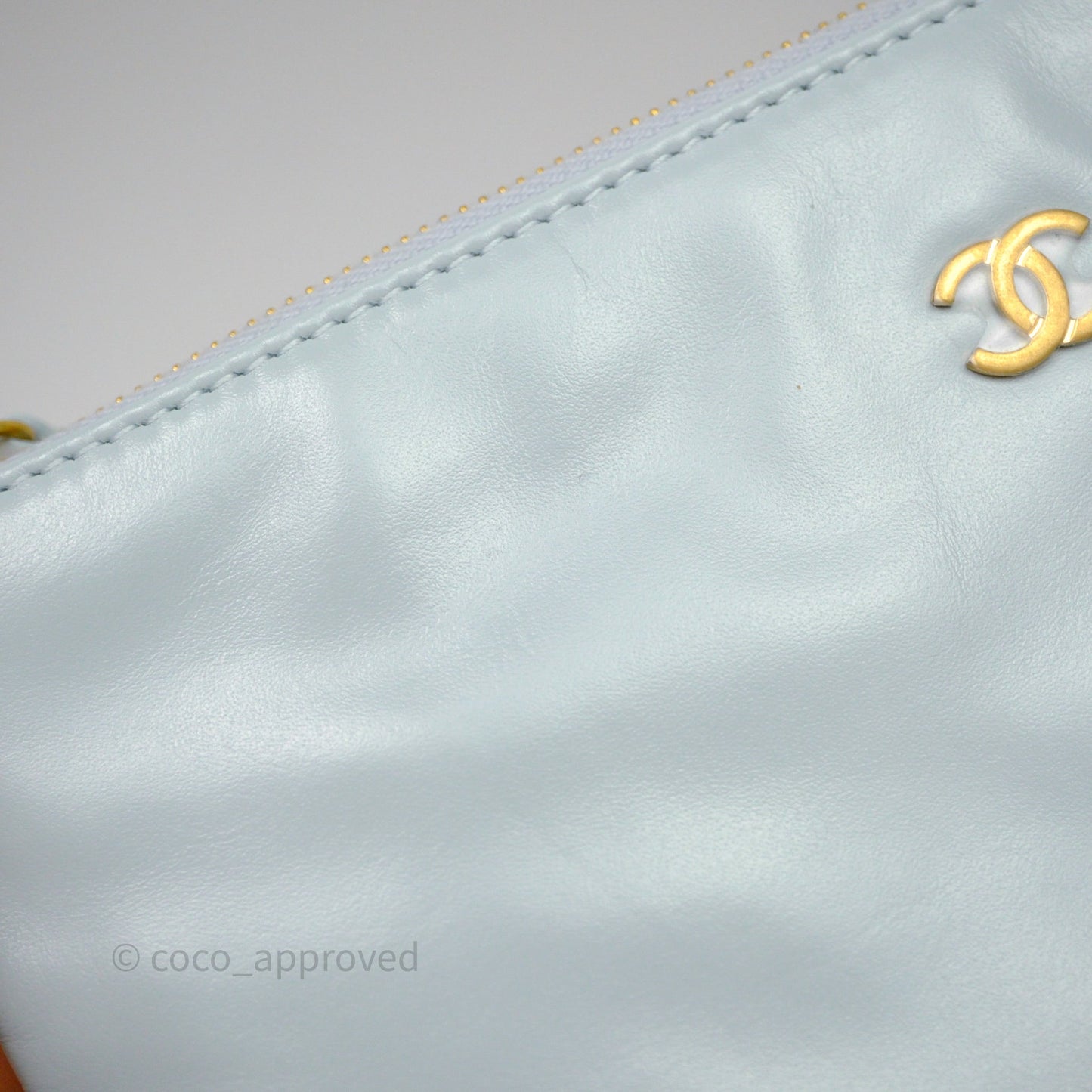 Chanel 22 Small Light Blue Shiny Calfskin Aged Gold Hardware