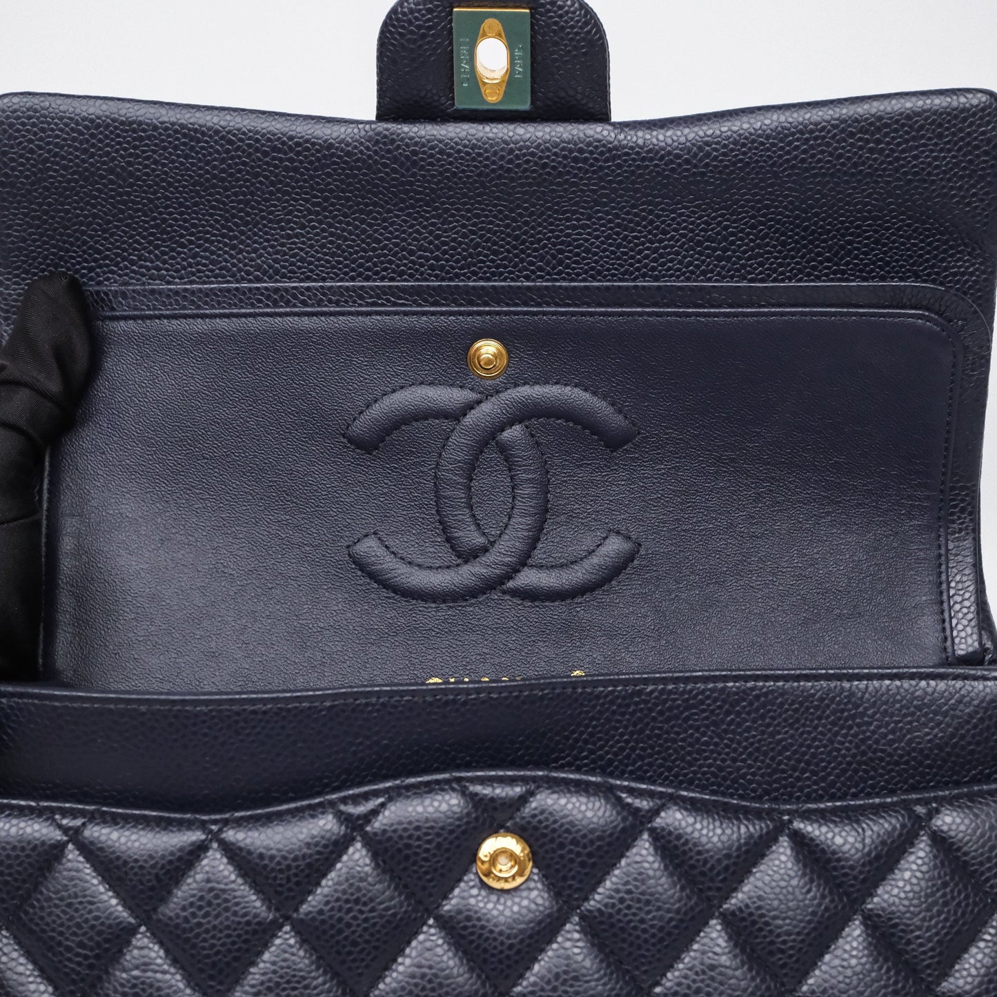 Chanel Classic M/L Medium Flap Quilted Navy Caviar Aged Gold Hardware