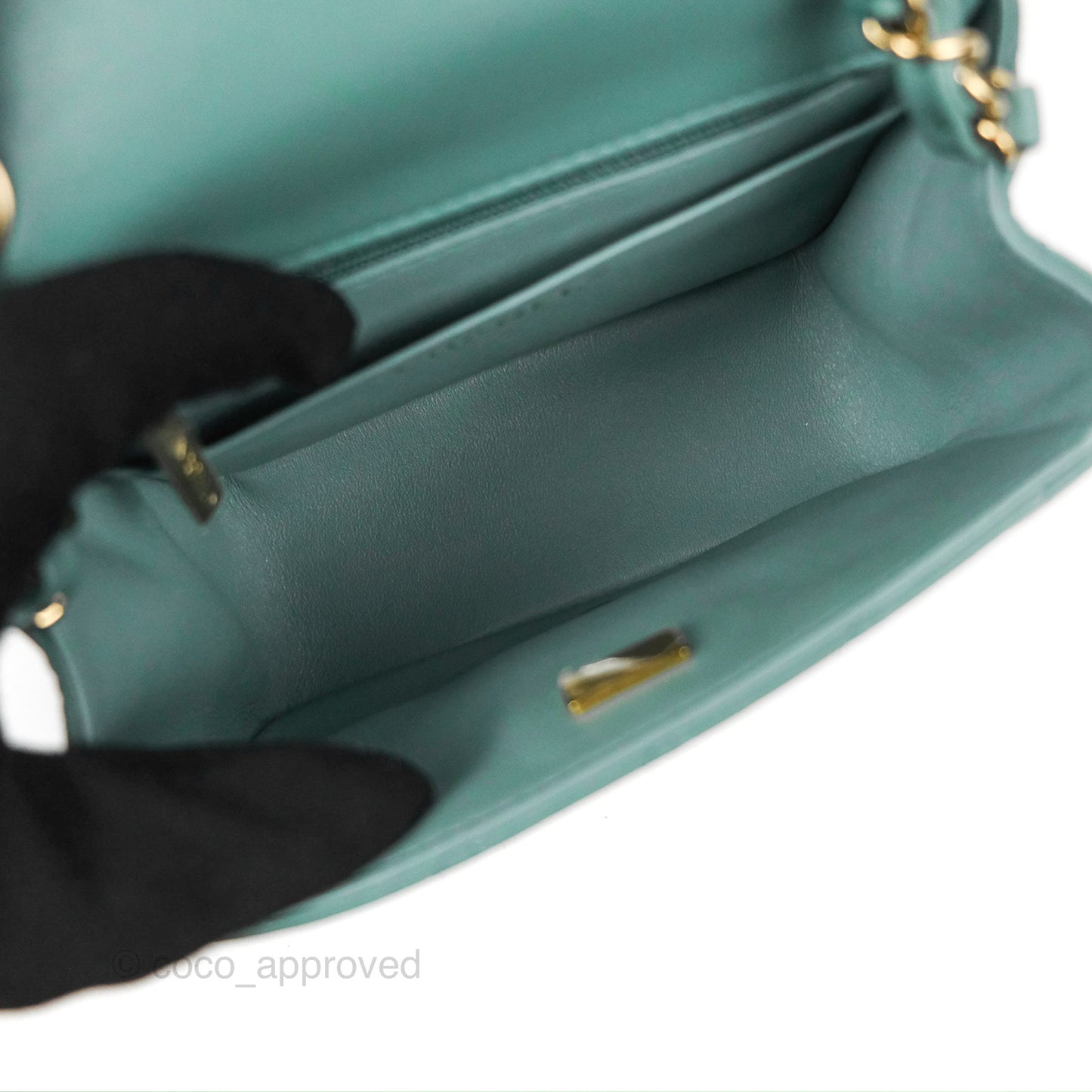 Chanel Quilted Mini Square Flap Light Teal Blue Lambskin Gold Hardware