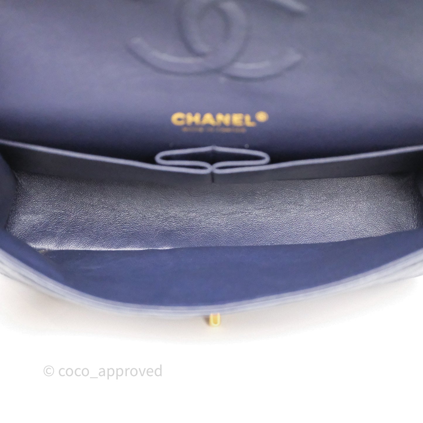Chanel Classic M/L Medium Flap Quilted Navy Caviar Aged Gold Hardware