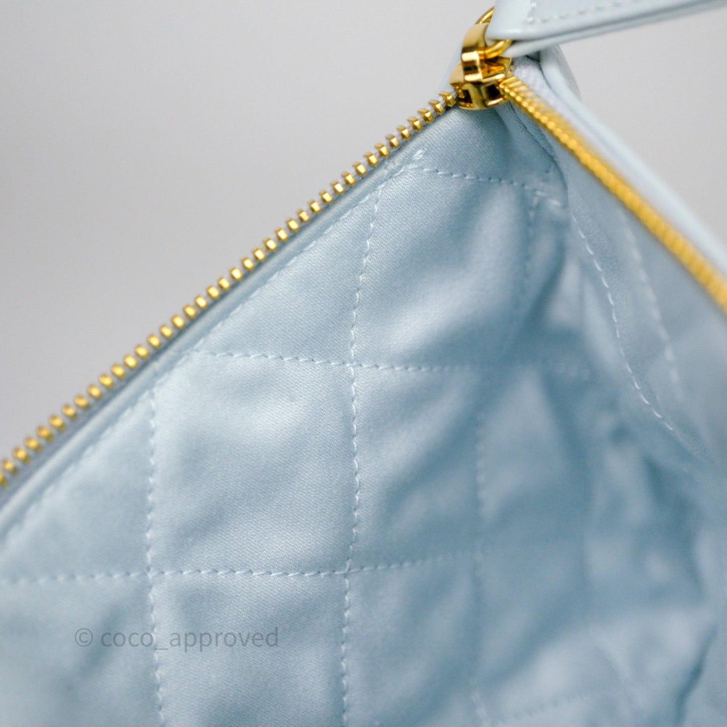 Chanel 22 Small Light Blue Shiny Calfskin Aged Gold Hardware