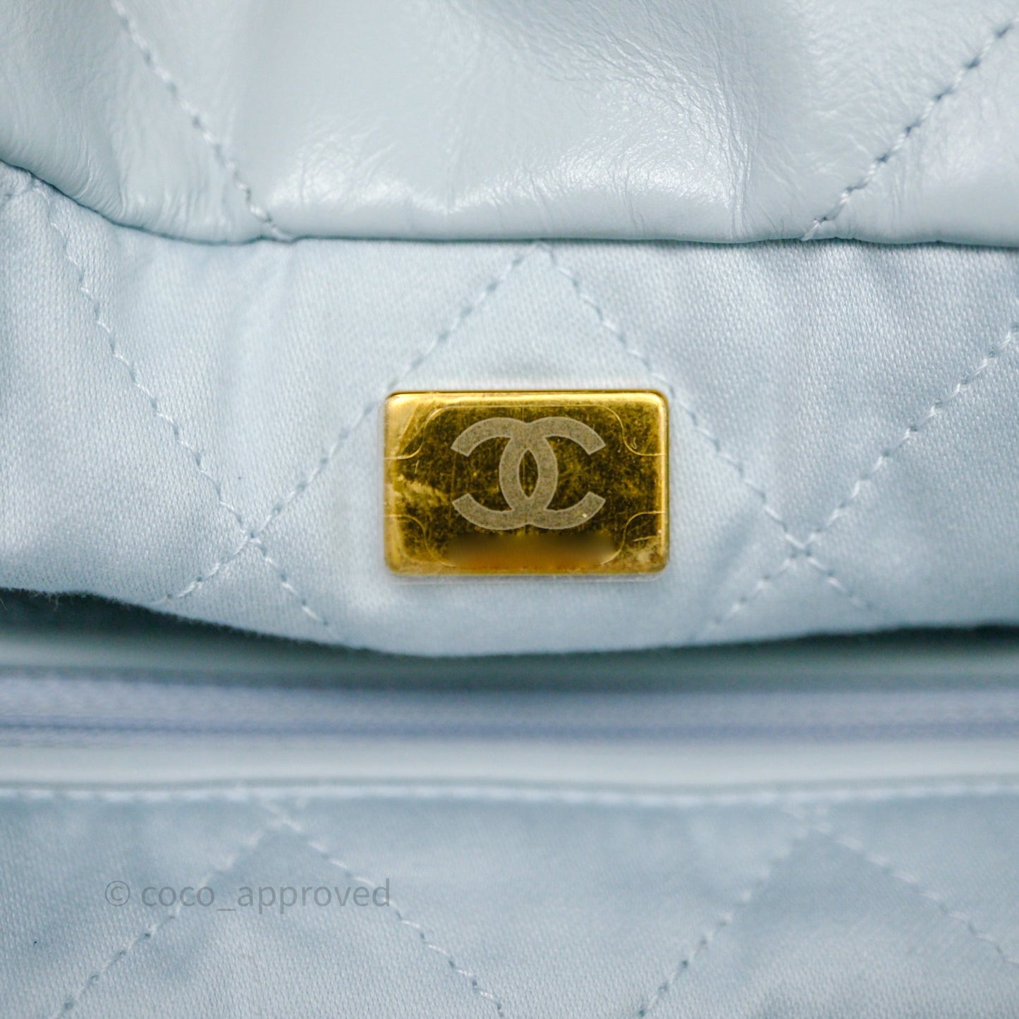 Chanel 22 Small Light Blue Shiny Calfskin Aged Gold Hardware