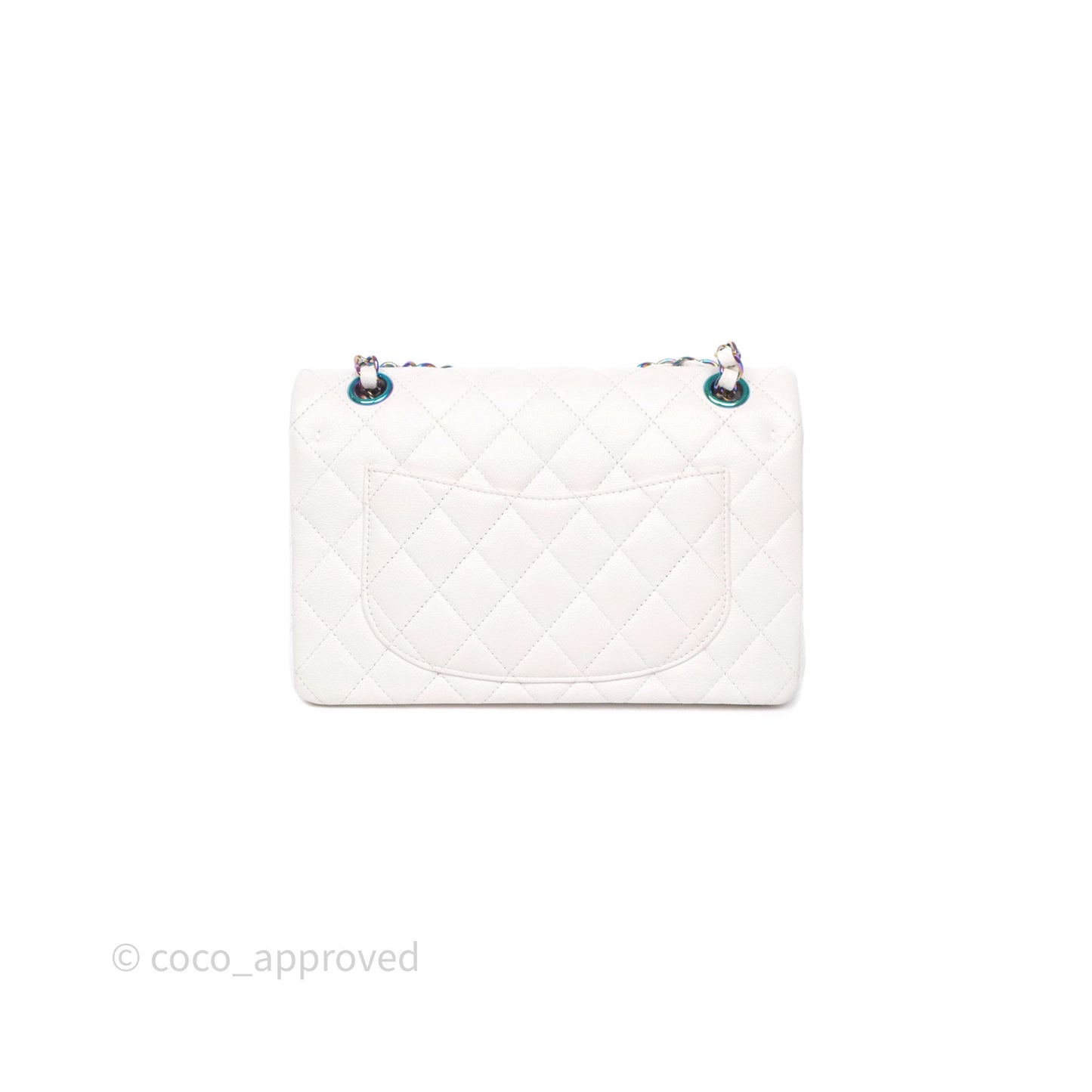 Chanel Small Classic Flap Quilted Ivory White Caviar Rainbow Hardware