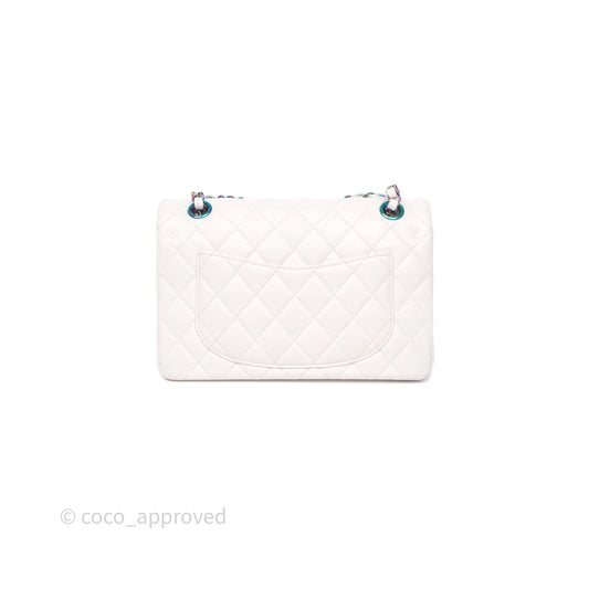 Chanel Small Classic Flap Quilted Ivory White Caviar Rainbow Hardware