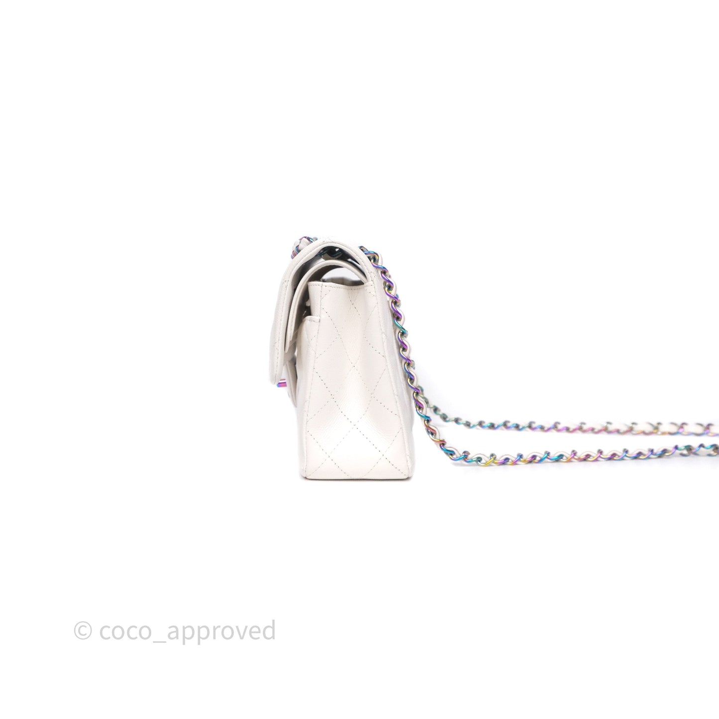 Chanel Small Classic Flap Quilted Ivory White Caviar Rainbow Hardware