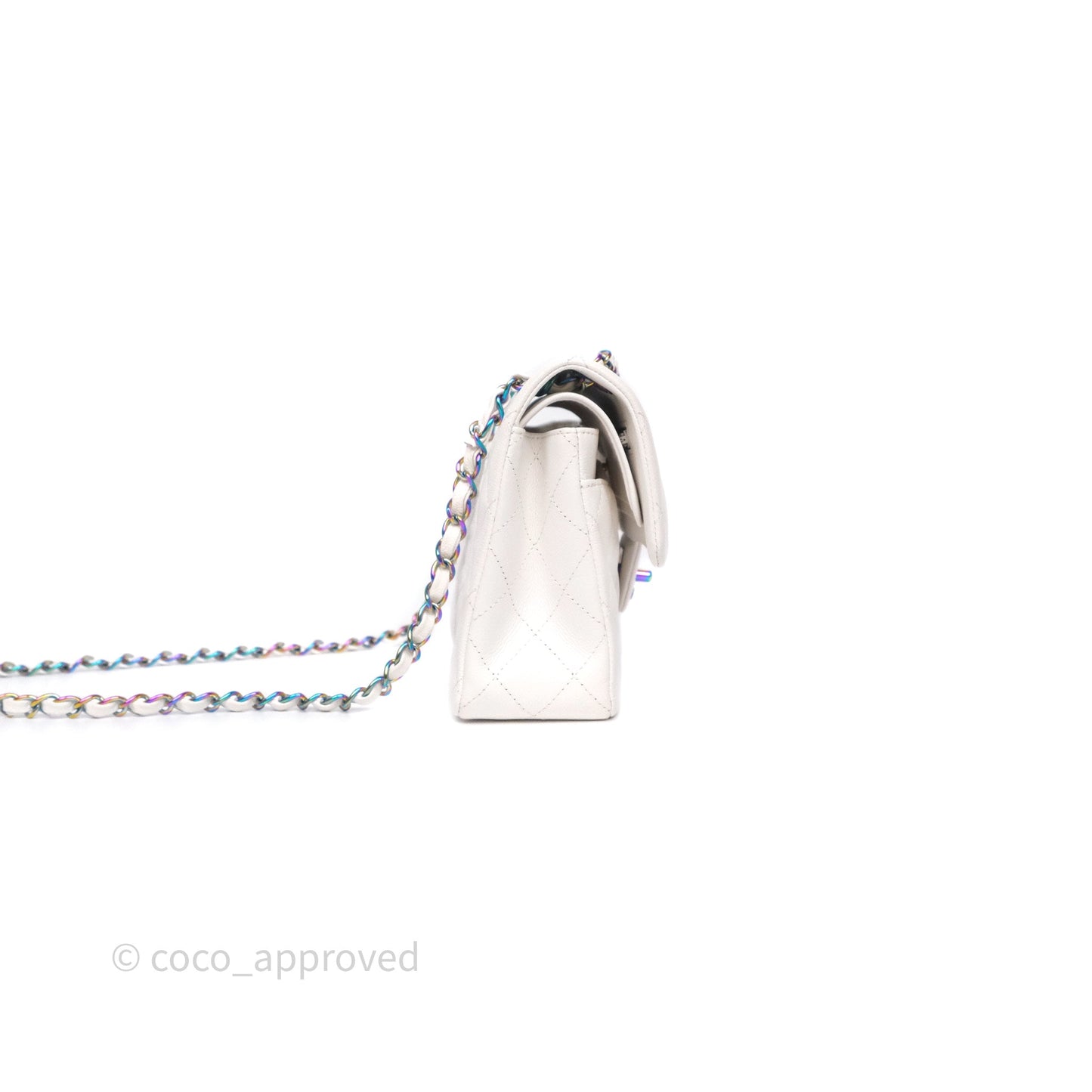 Chanel Small Classic Flap Quilted Ivory White Caviar Rainbow Hardware