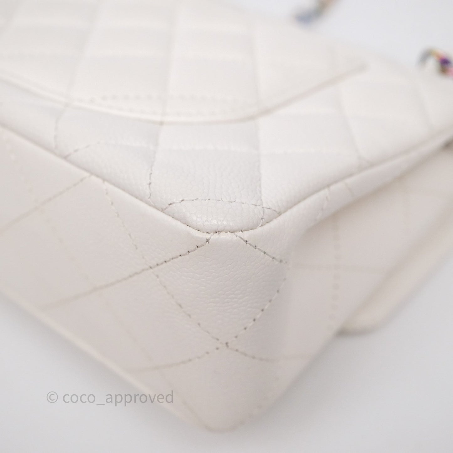 Chanel Small Classic Flap Quilted Ivory White Caviar Rainbow Hardware