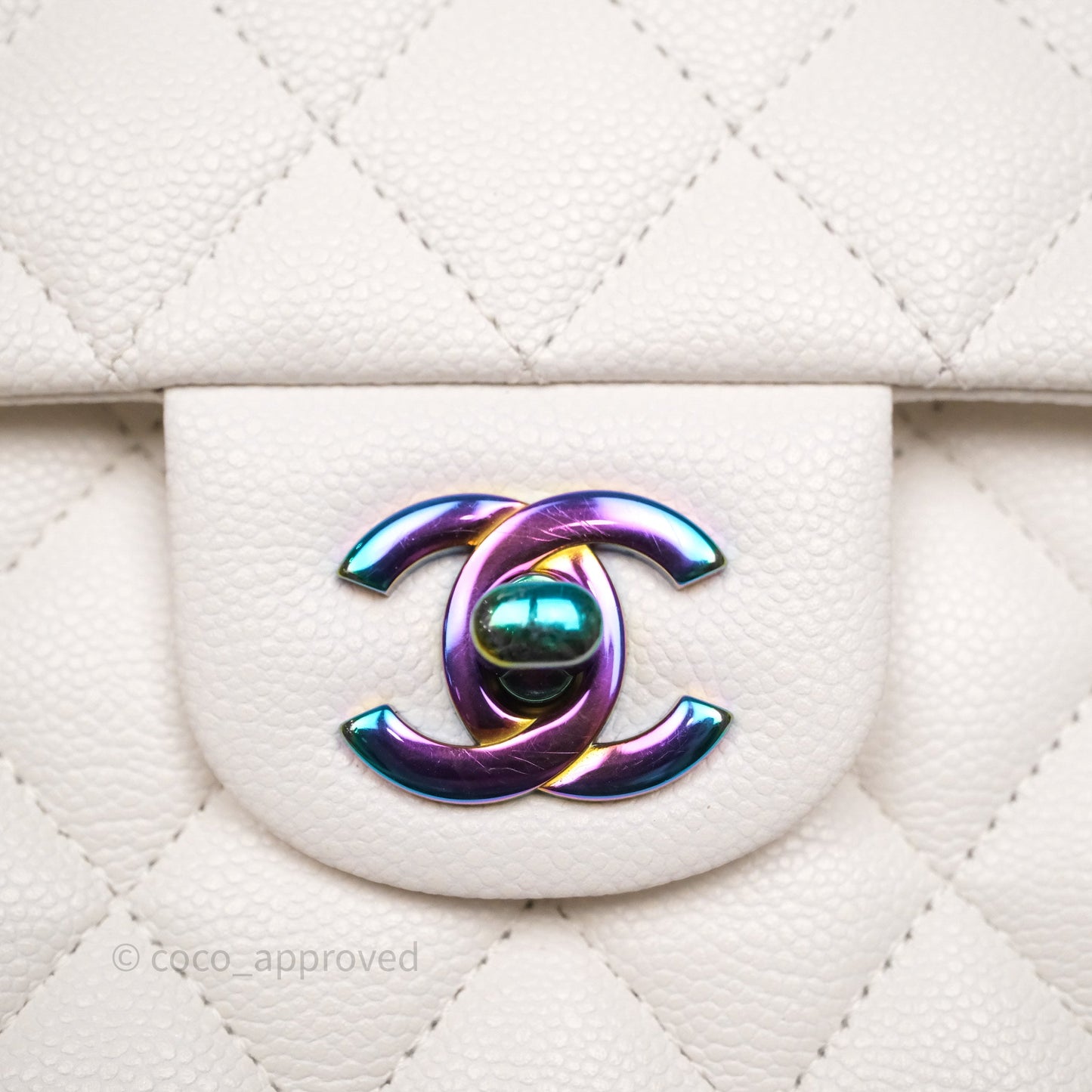 Chanel Small Classic Flap Quilted Ivory White Caviar Rainbow Hardware