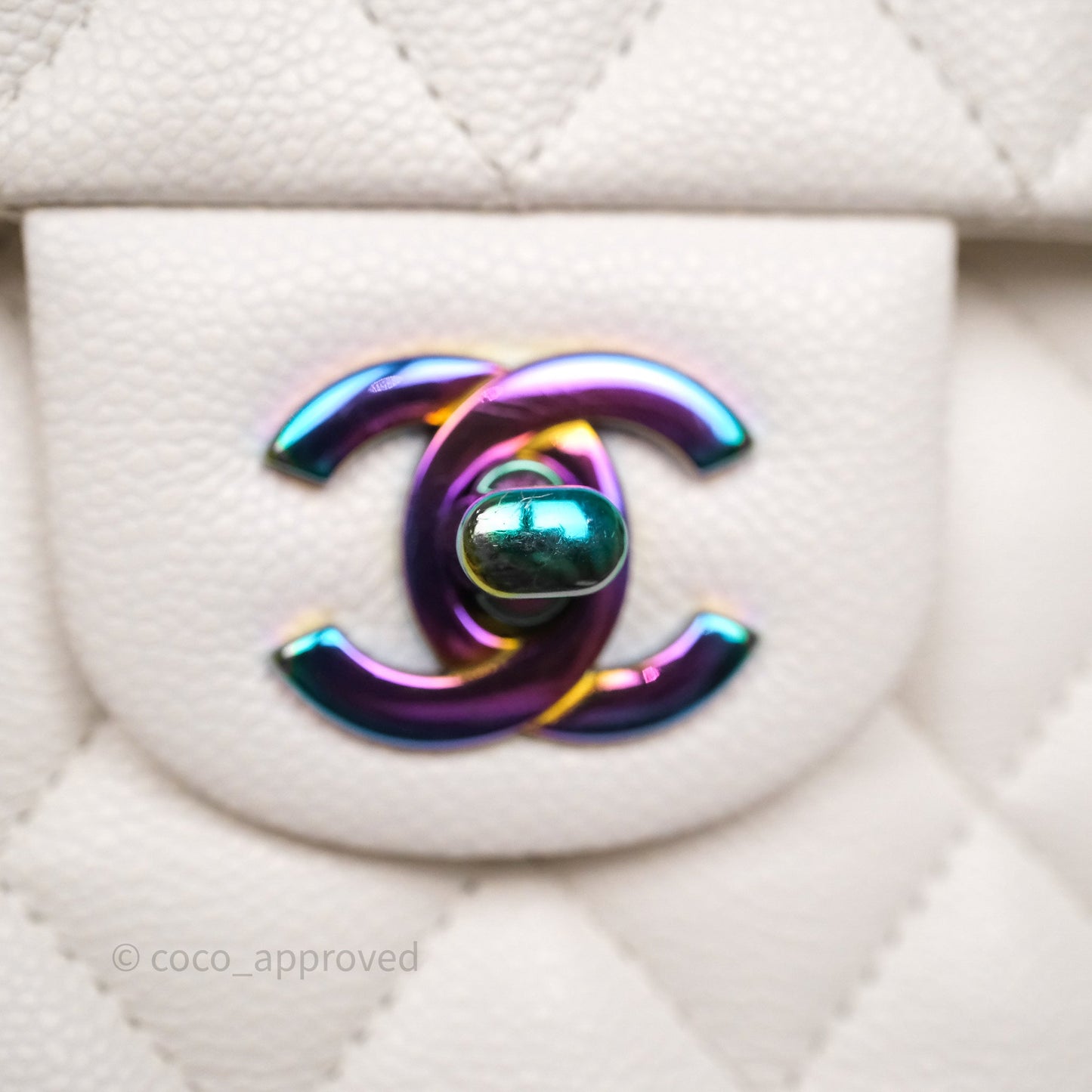 Chanel Small Classic Flap Quilted Ivory White Caviar Rainbow Hardware
