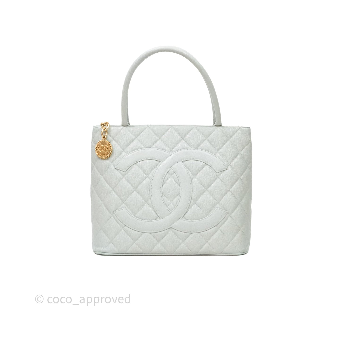 Chanel Vintage Medallion CC Light Blue Caviar Tote Bag Gold Hardware