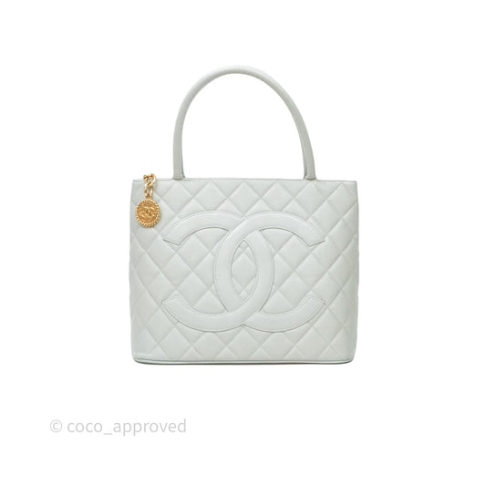 Chanel Vintage Medallion CC Light Blue Caviar Tote Bag Gold Hardware