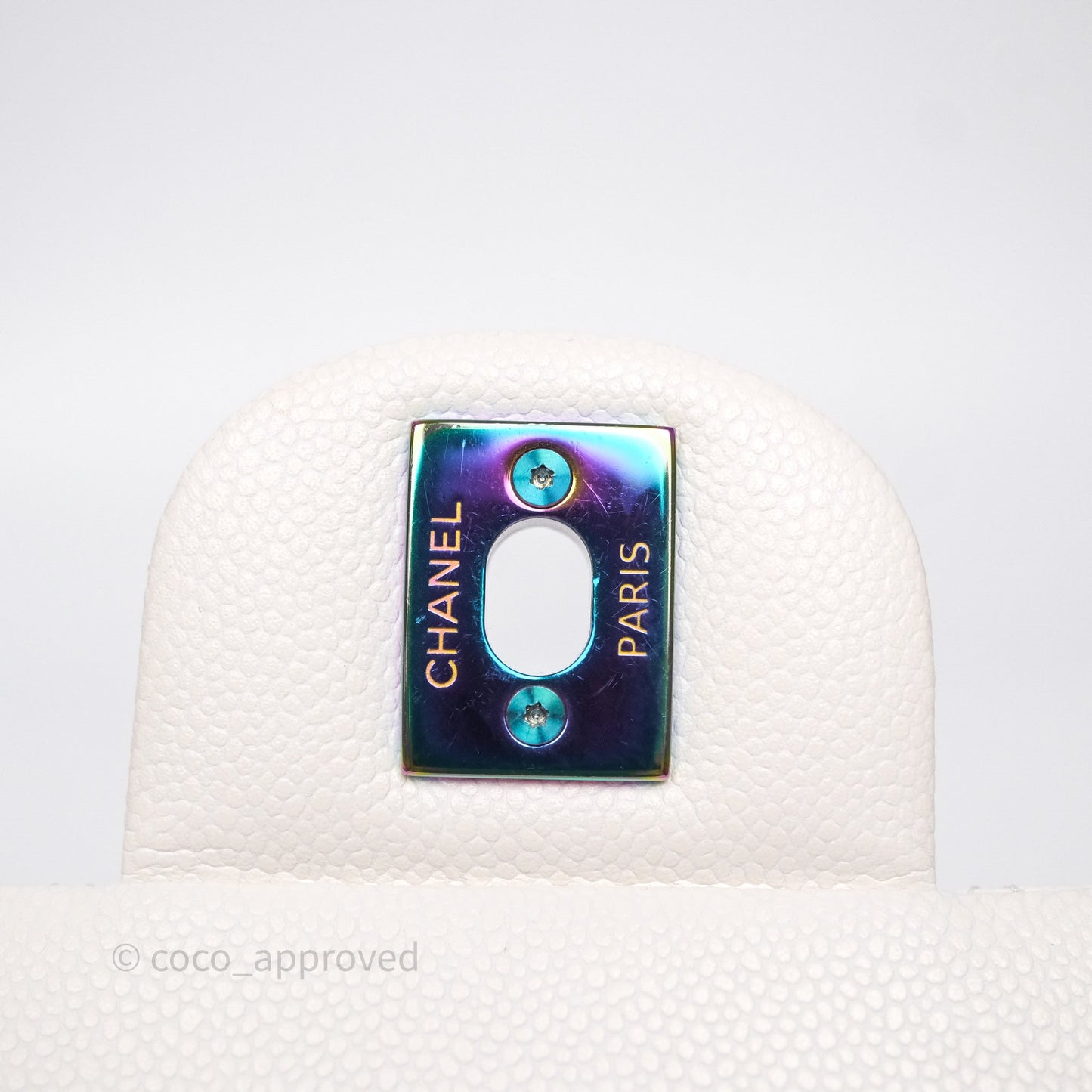Chanel Small Classic Flap Quilted Ivory White Caviar Rainbow Hardware