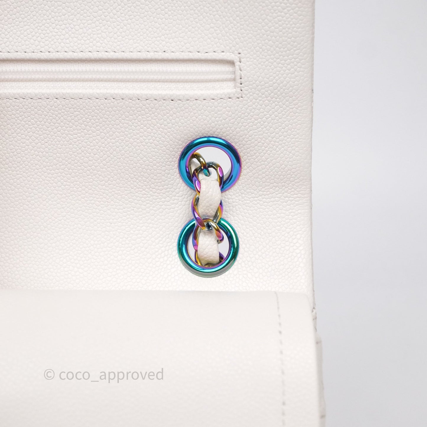 Chanel Small Classic Flap Quilted Ivory White Caviar Rainbow Hardware