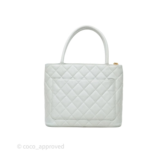 Chanel Vintage Medallion CC Light Blue Caviar Tote Bag Gold Hardware