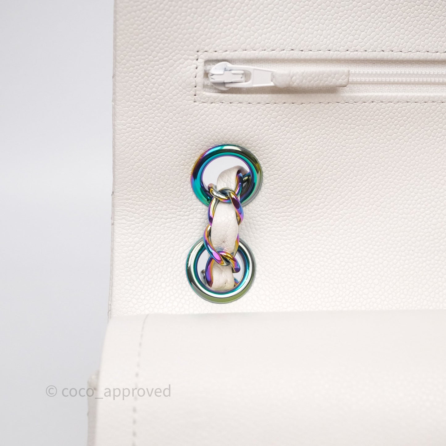 Chanel Small Classic Flap Quilted Ivory White Caviar Rainbow Hardware