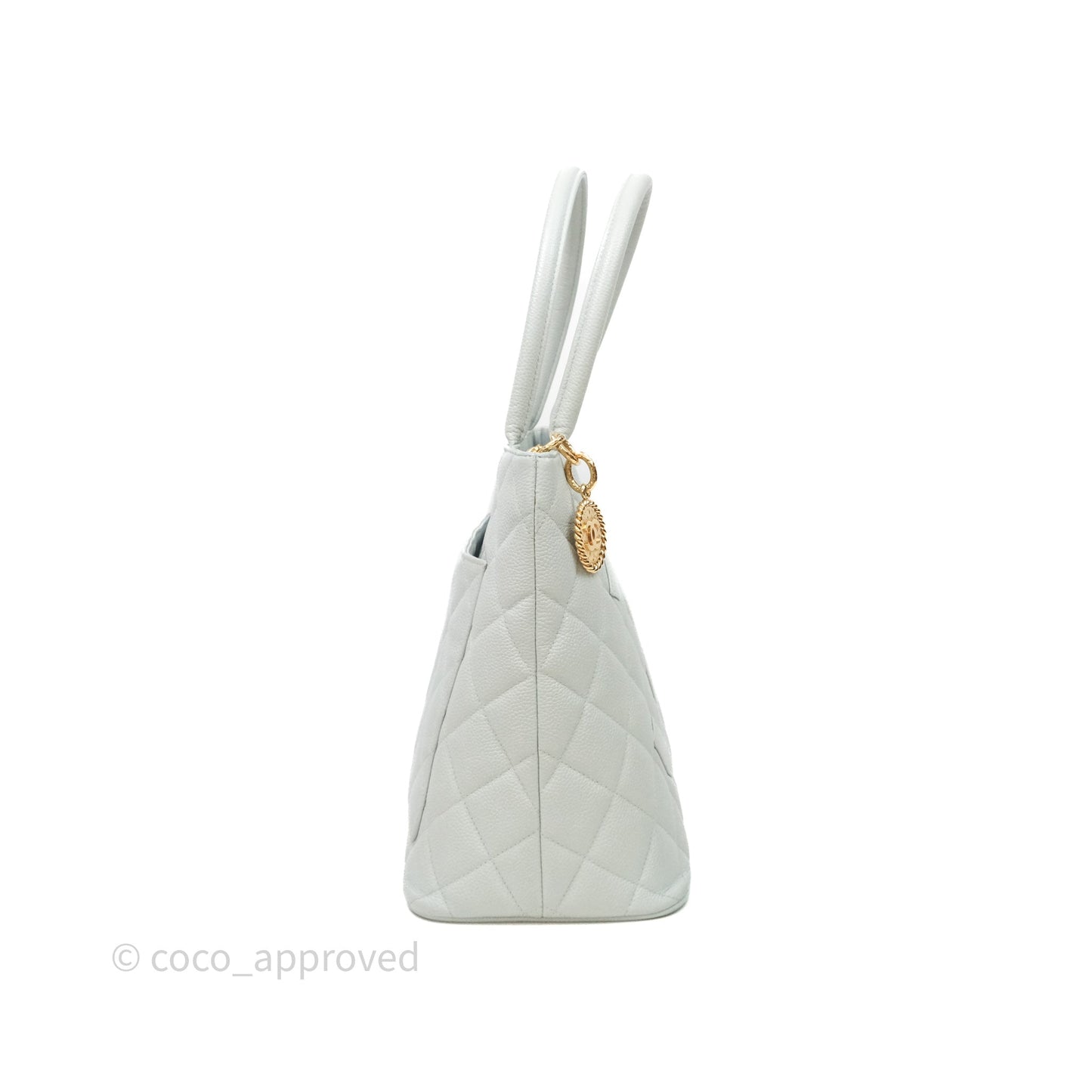 Chanel Vintage Medallion CC Light Blue Caviar Tote Bag Gold Hardware