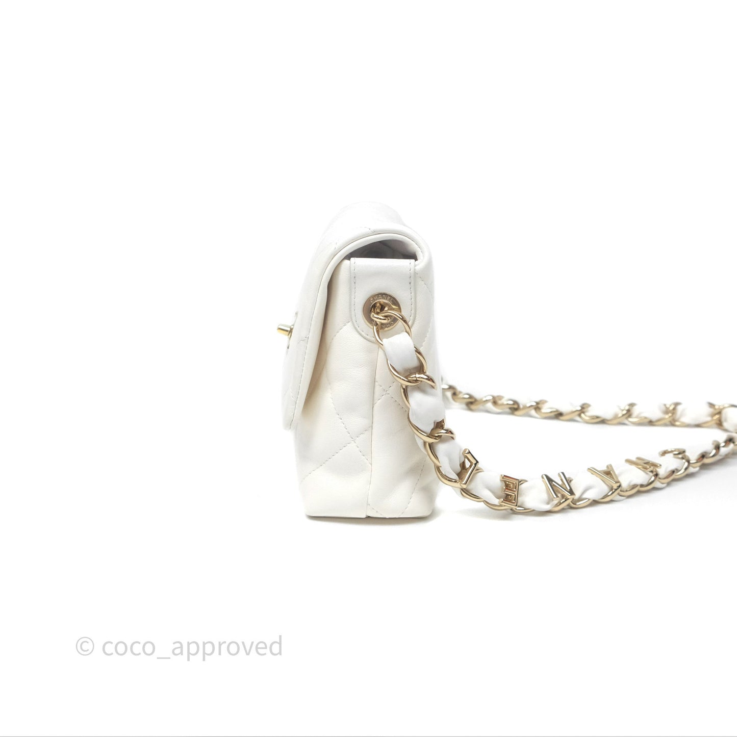 Chanel CC Flap Bag With Logo on Chain Lambskin White Gold Hardware