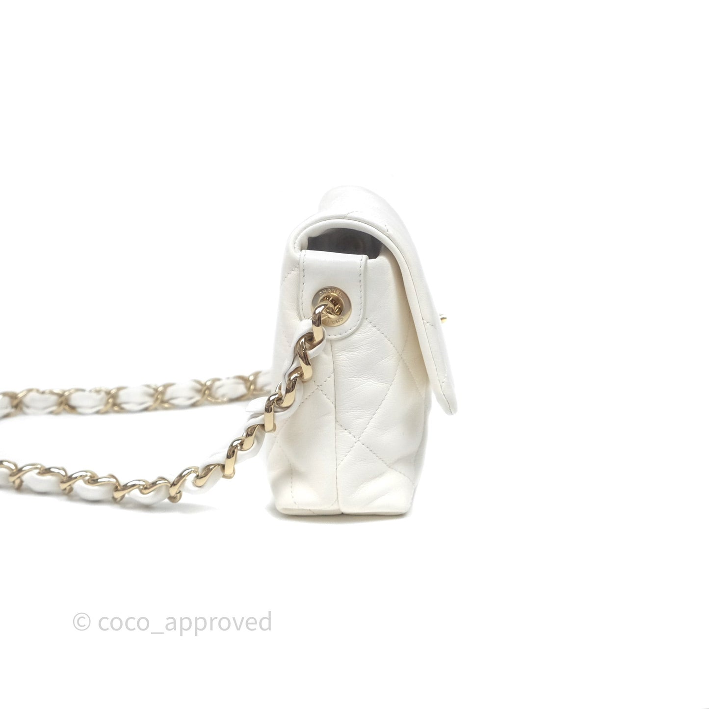 Chanel CC Flap Bag With Logo on Chain Lambskin White Gold Hardware