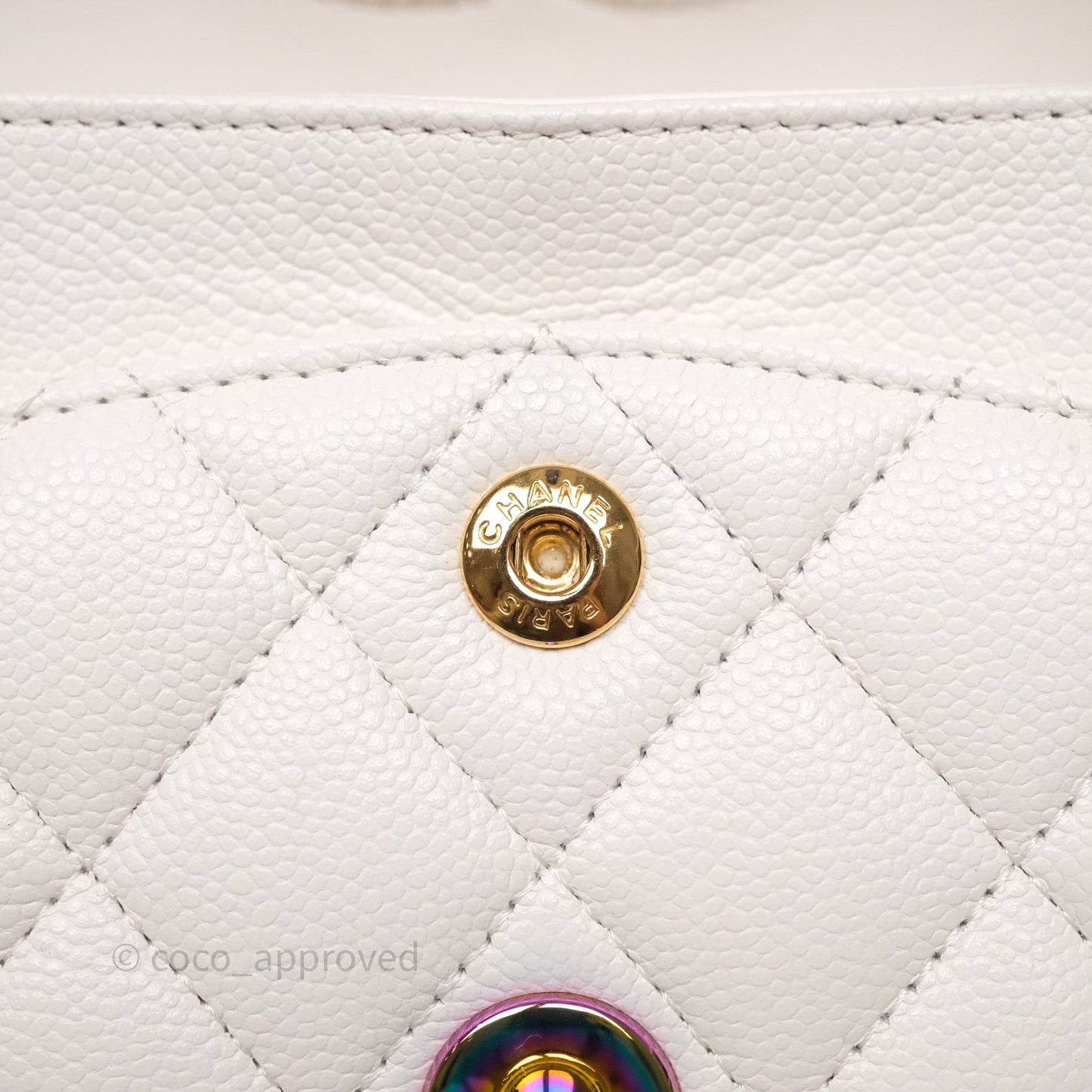 Chanel Small Classic Flap Quilted Ivory White Caviar Rainbow Hardware
