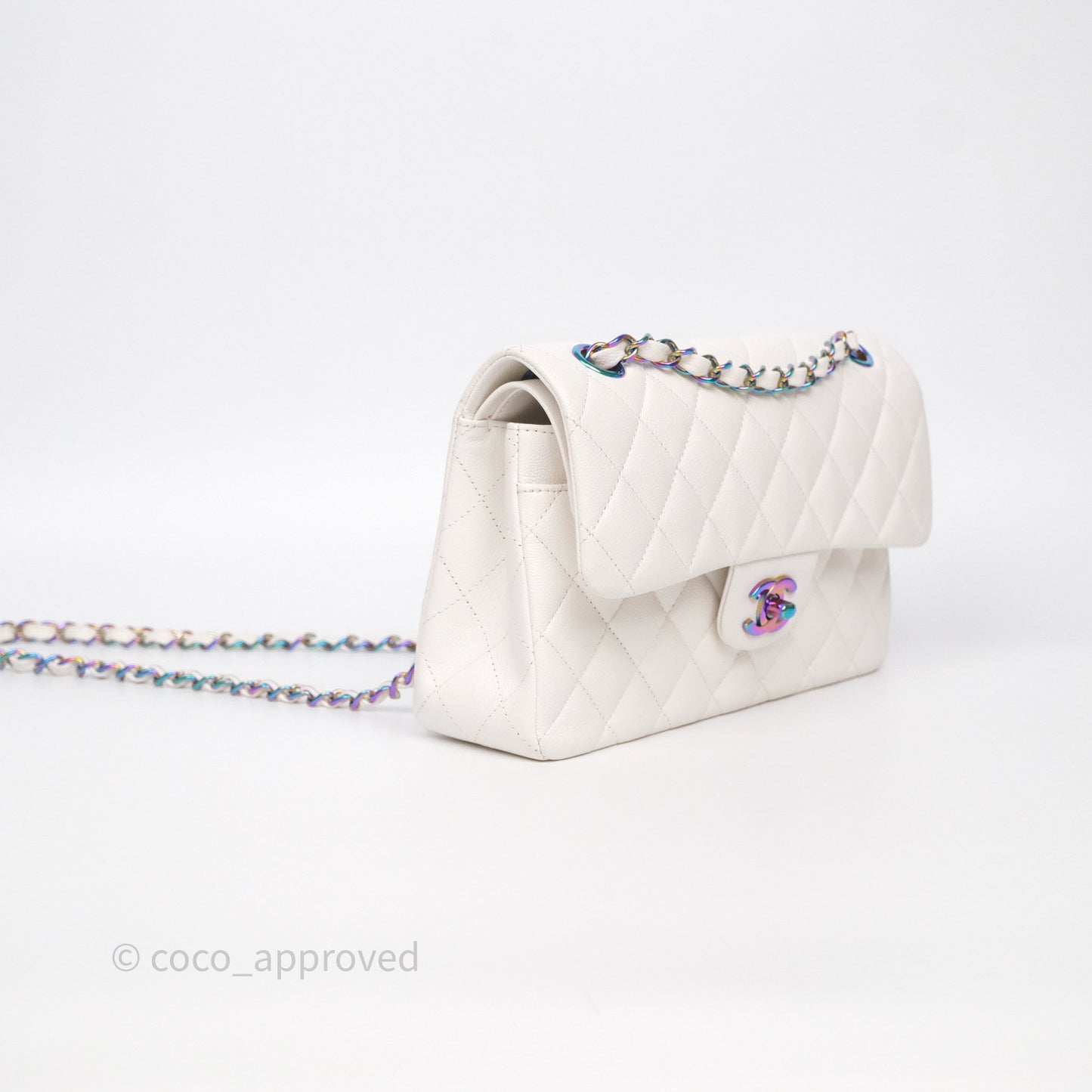 Chanel Small Classic Flap Quilted Ivory White Caviar Rainbow Hardware