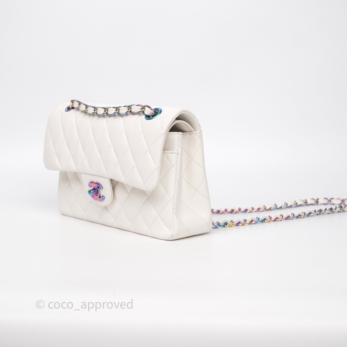 Chanel Small Classic Flap Quilted Ivory White Caviar Rainbow Hardware