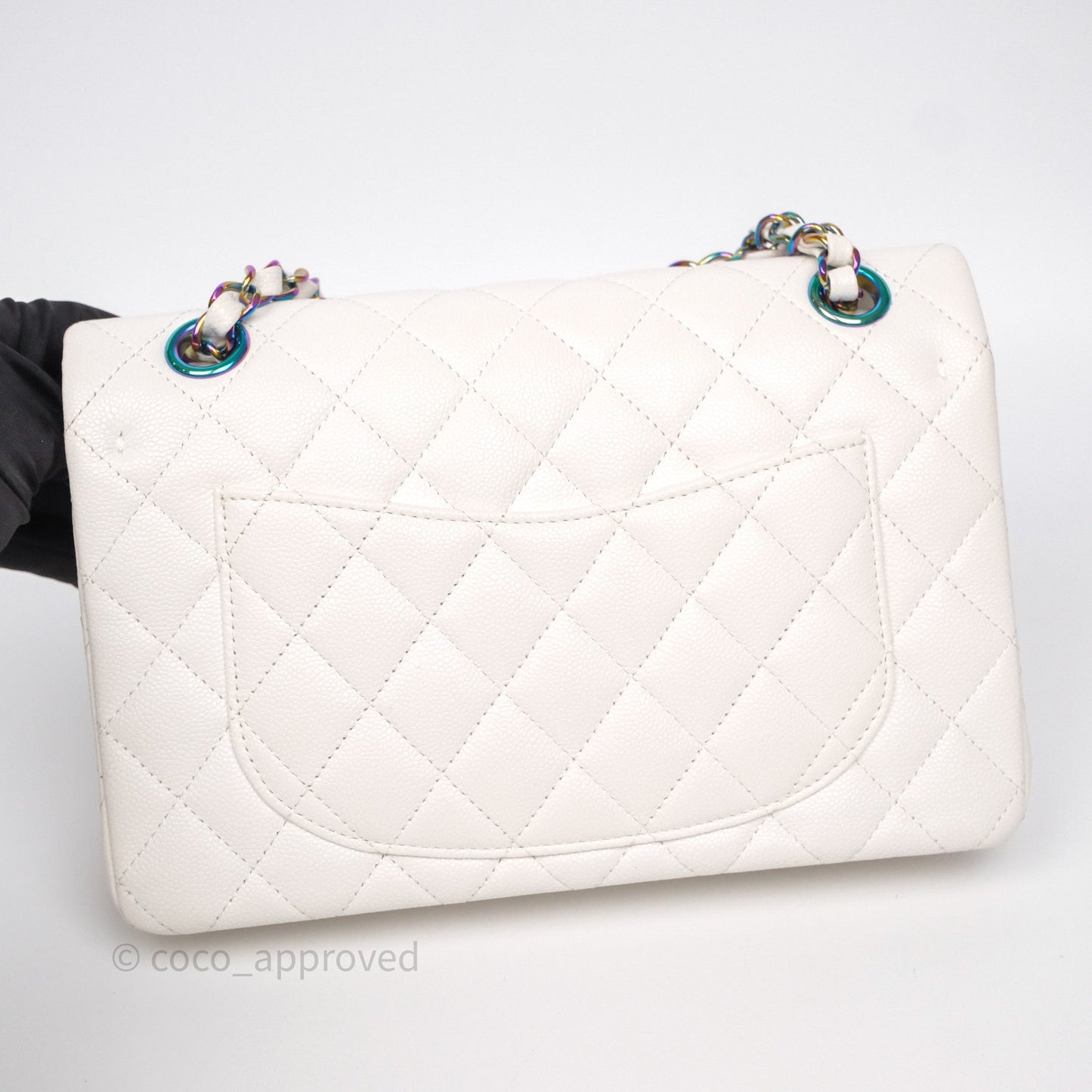 Chanel Small Classic Flap Quilted Ivory White Caviar Rainbow Hardware