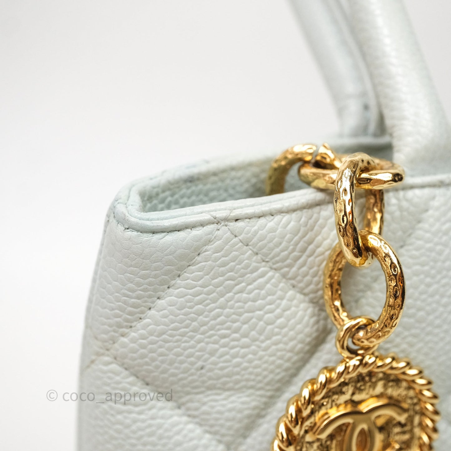 Chanel Vintage Medallion CC Light Blue Caviar Tote Bag Gold Hardware