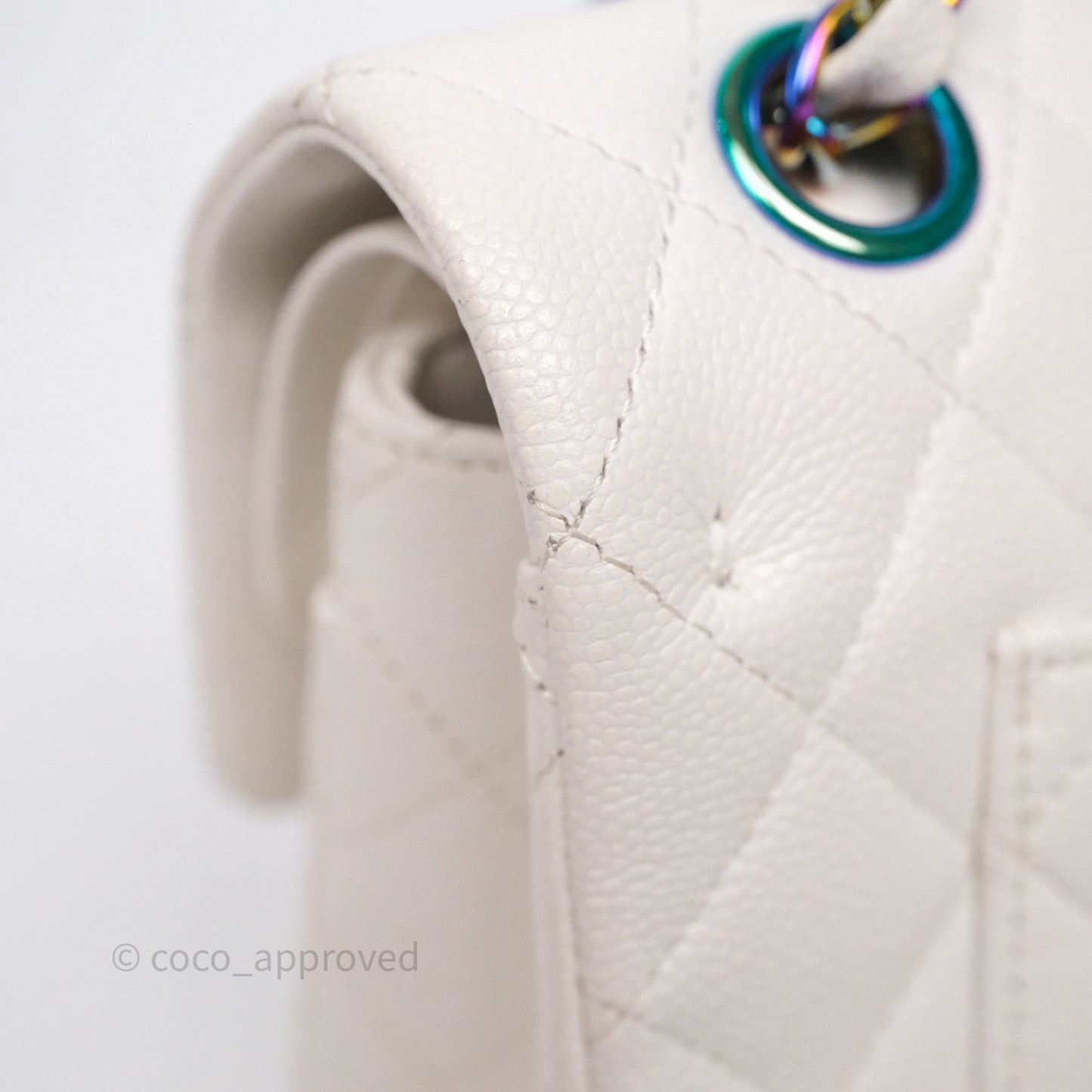 Chanel Small Classic Flap Quilted Ivory White Caviar Rainbow Hardware