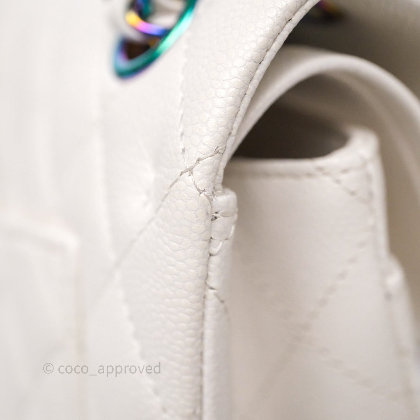 Chanel Small Classic Flap Quilted Ivory White Caviar Rainbow Hardware
