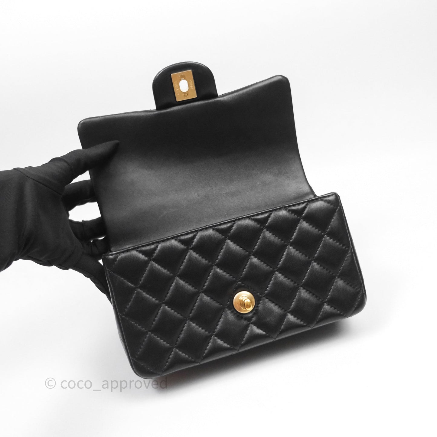 Chanel Top Handle Mini Rectangular Flap Black Lambskin Aged Gold Hardware