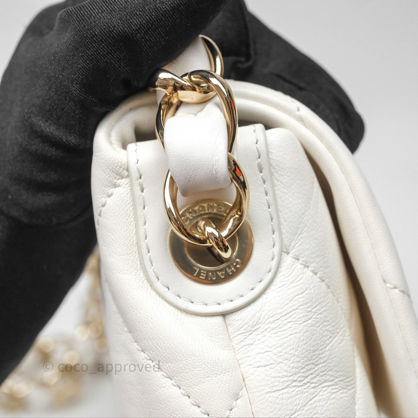 Chanel CC Flap Bag With Logo on Chain Lambskin White Gold Hardware