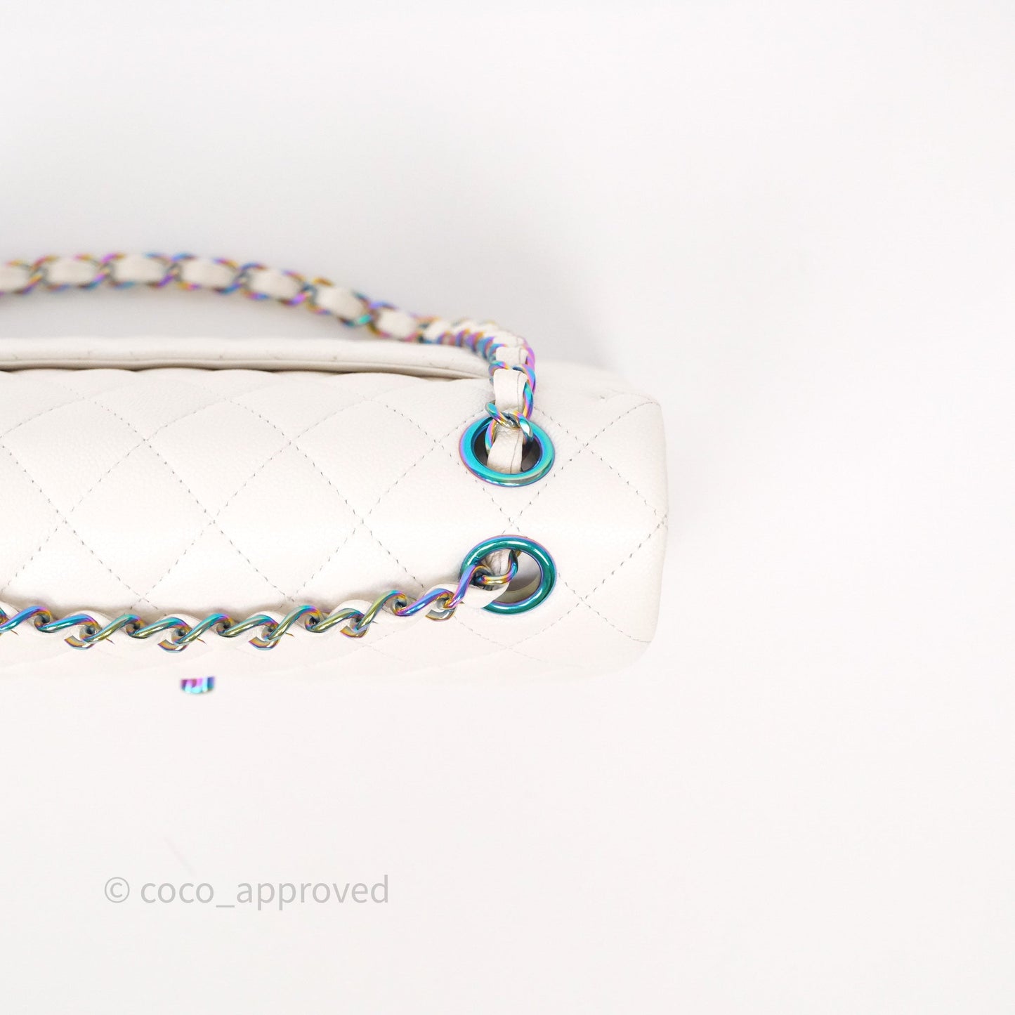 Chanel Small Classic Flap Quilted Ivory White Caviar Rainbow Hardware