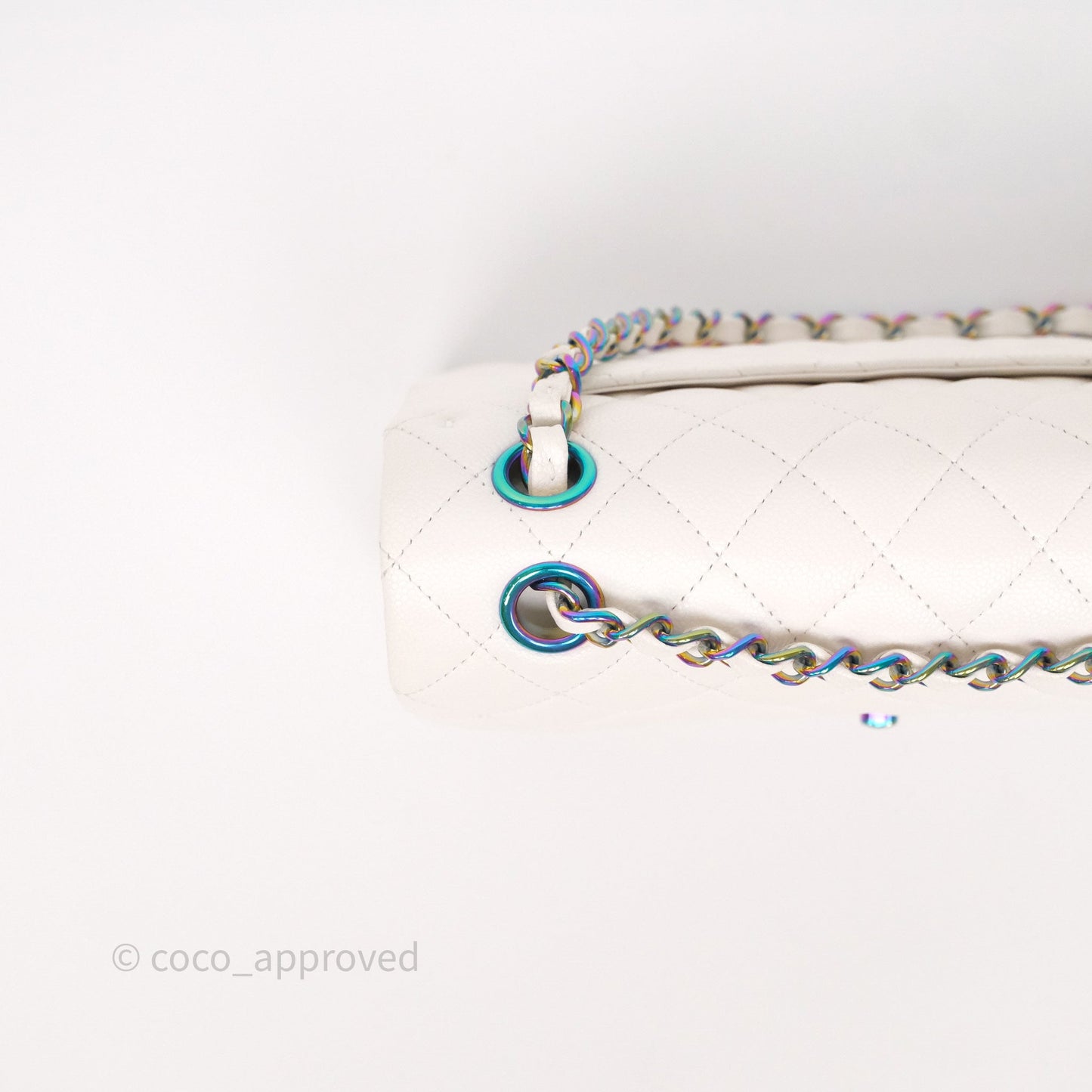Chanel Small Classic Flap Quilted Ivory White Caviar Rainbow Hardware