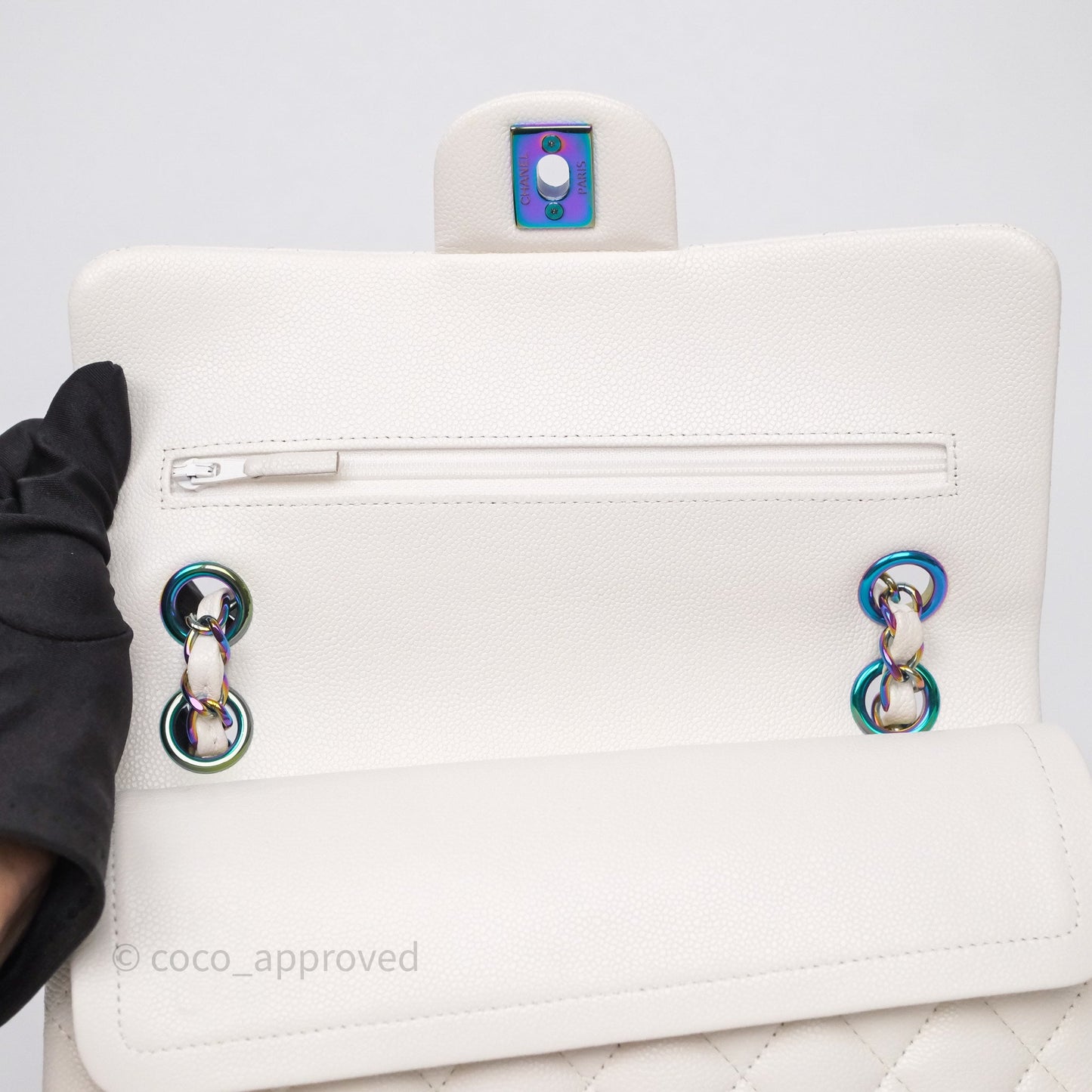 Chanel Small Classic Flap Quilted Ivory White Caviar Rainbow Hardware