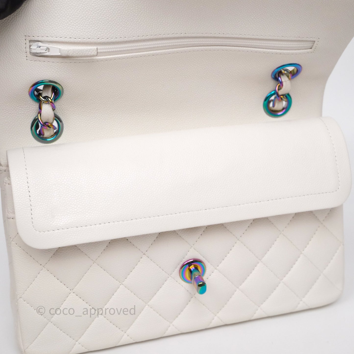 Chanel Small Classic Flap Quilted Ivory White Caviar Rainbow Hardware