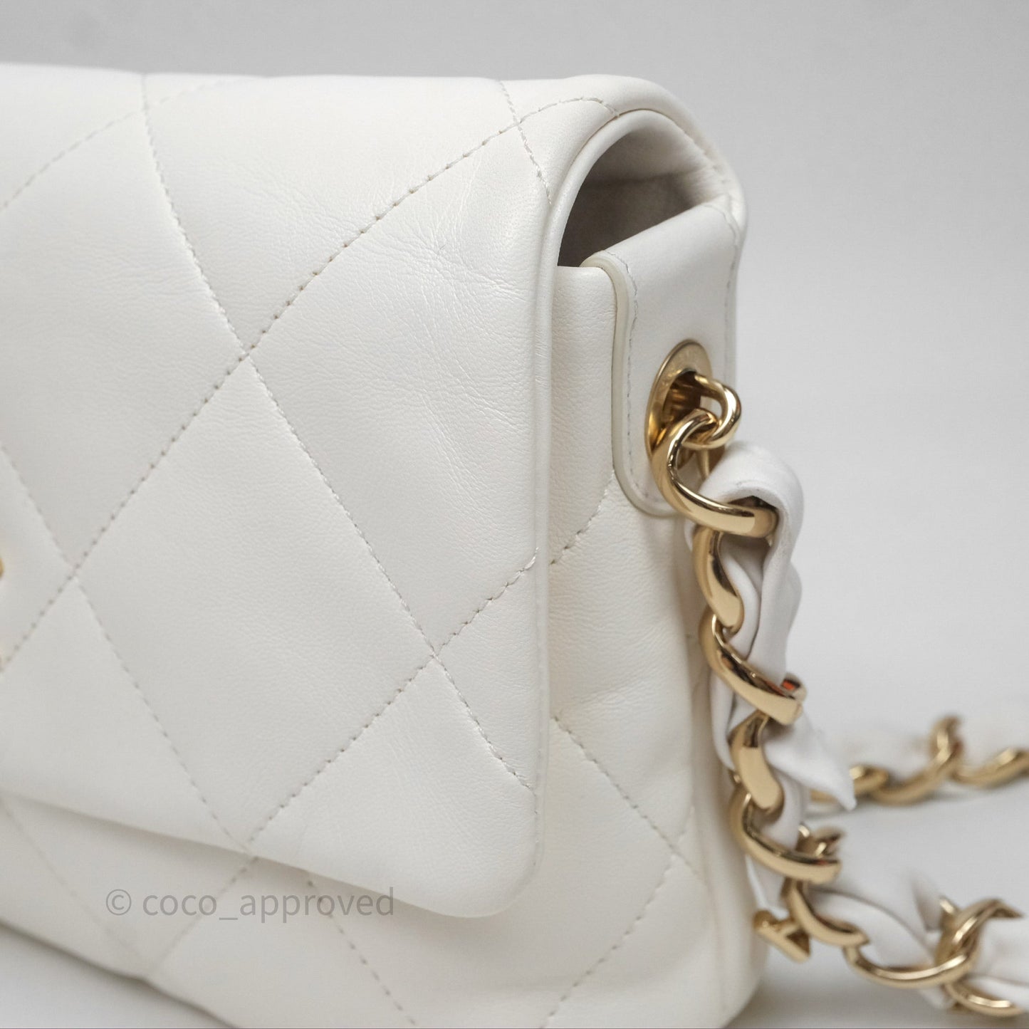 Chanel CC Flap Bag With Logo on Chain Lambskin White Gold Hardware