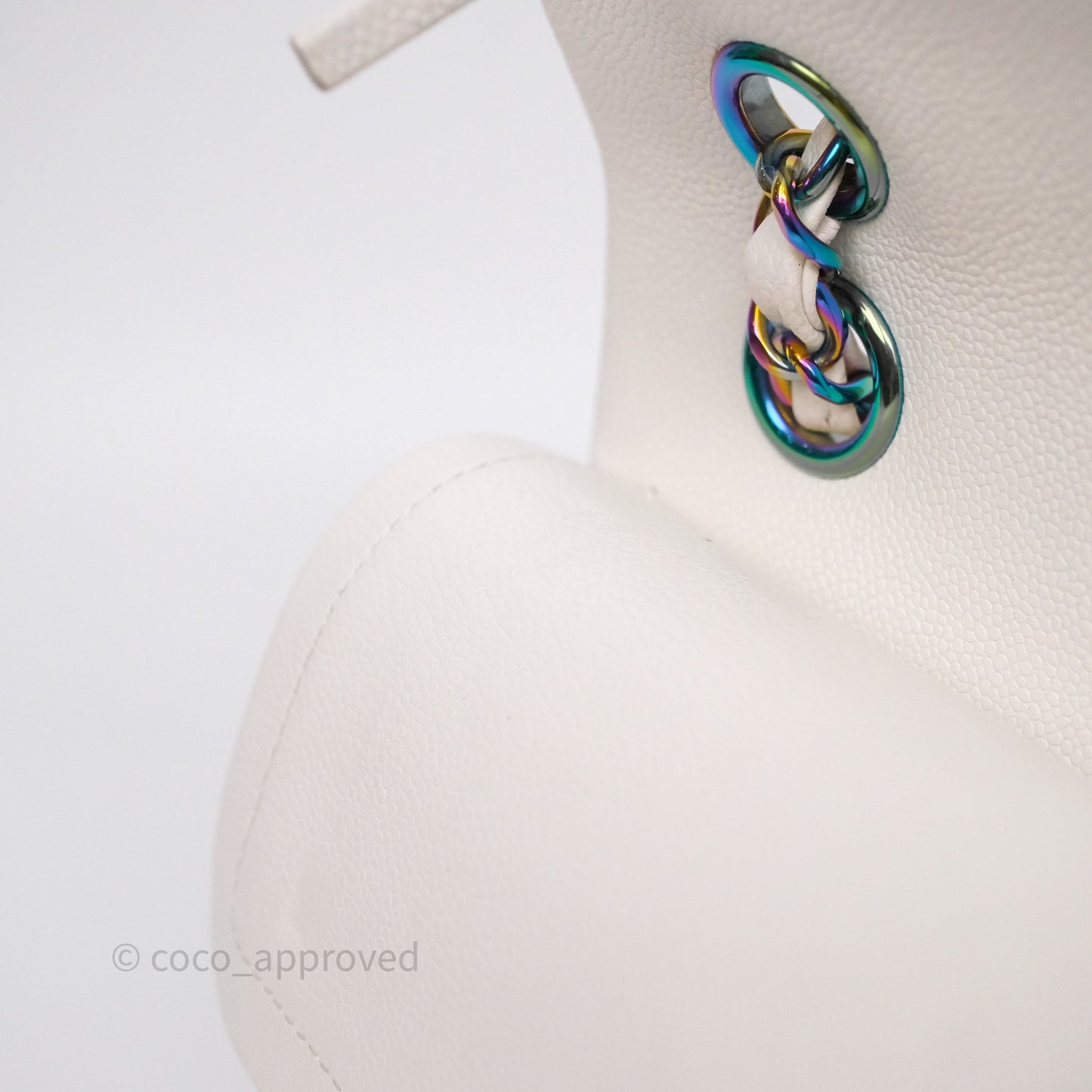 Chanel Small Classic Flap Quilted Ivory White Caviar Rainbow Hardware