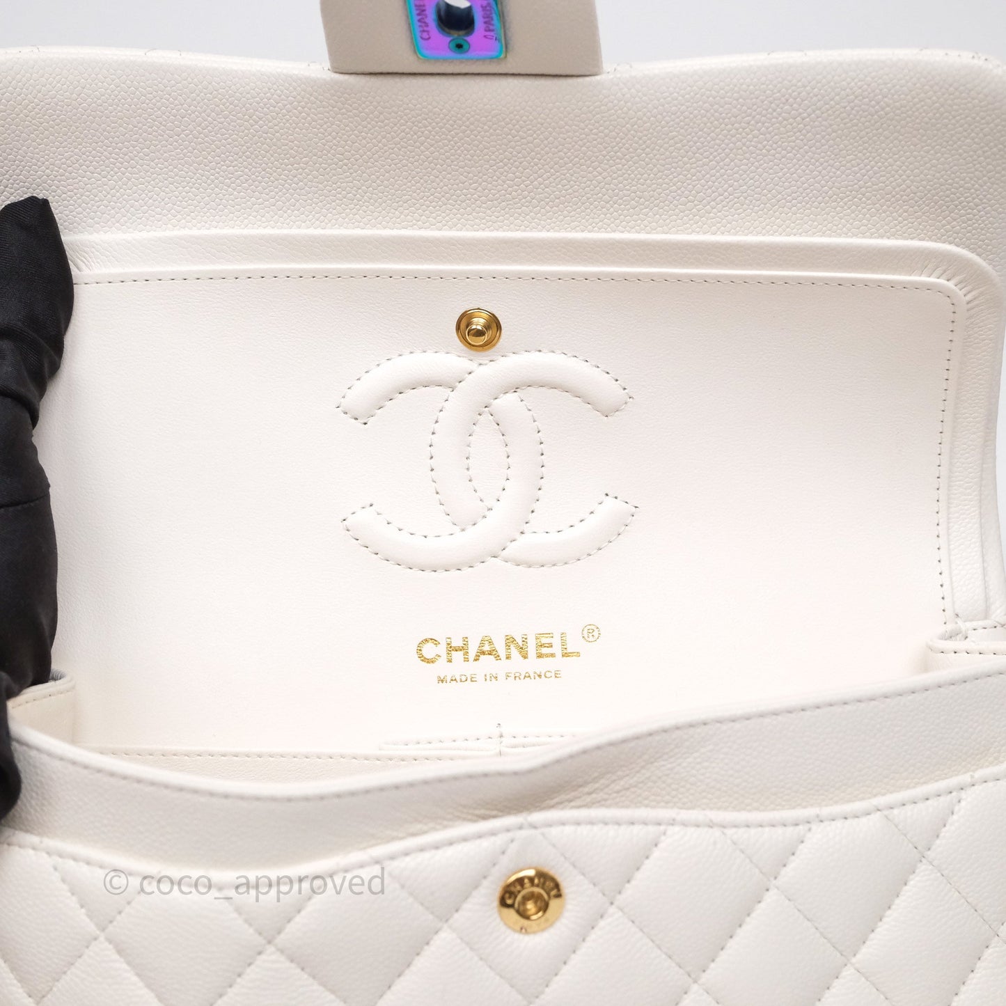 Chanel Small Classic Flap Quilted Ivory White Caviar Rainbow Hardware