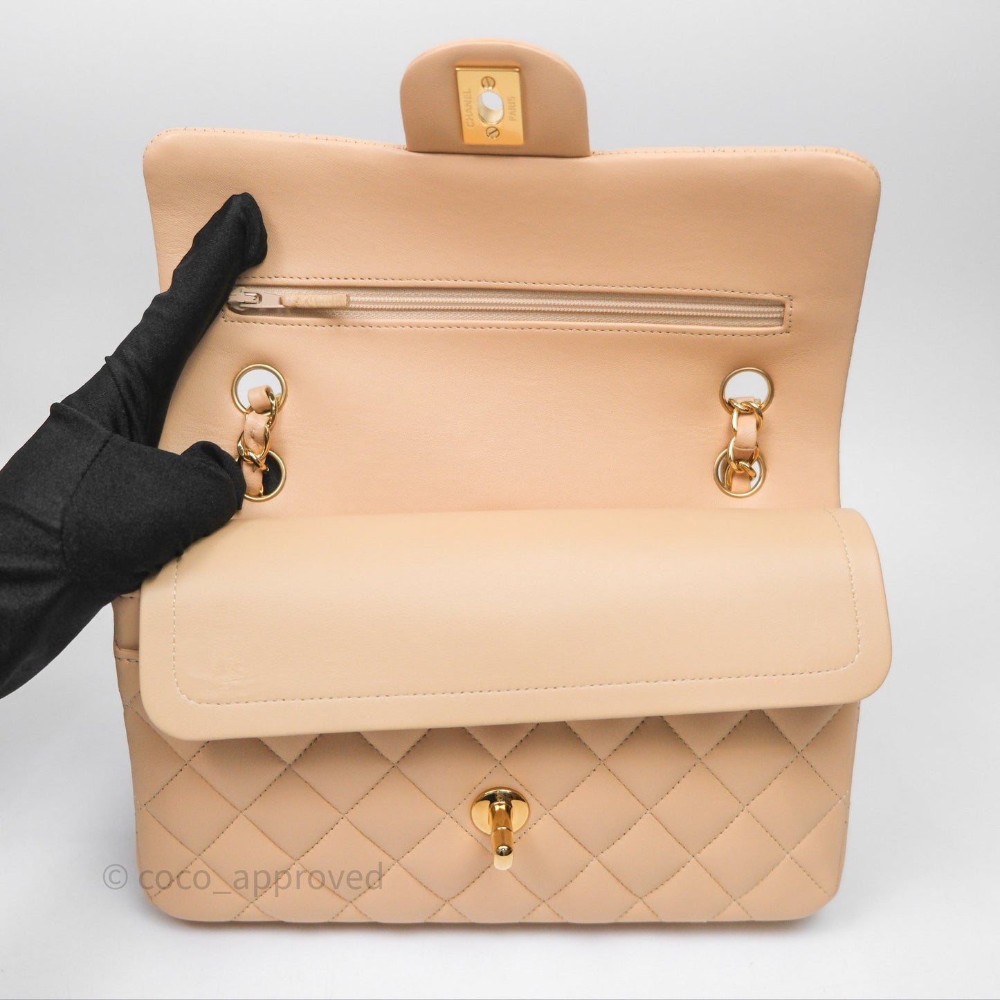 Chanel Small Quilted Classic Flap Beige Lambskin Gold Hardware