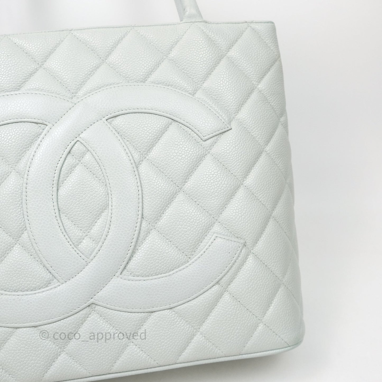 Chanel Vintage Medallion CC Light Blue Caviar Tote Bag Gold Hardware